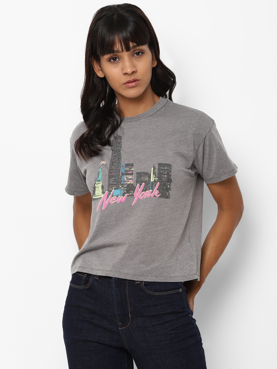 

AMERICAN EAGLE OUTFITTERS Women Grey Melange Printed Round Neck T-shirt