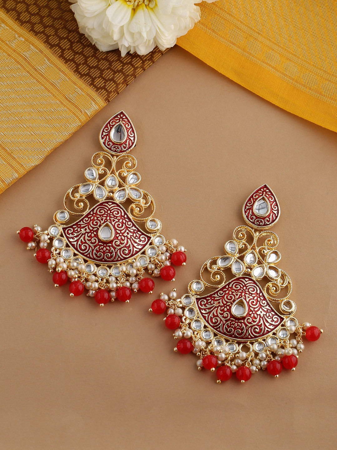 

Shoshaa Red Gold-Plated Kundan-Studded Enamelled Classic Drop Earrings