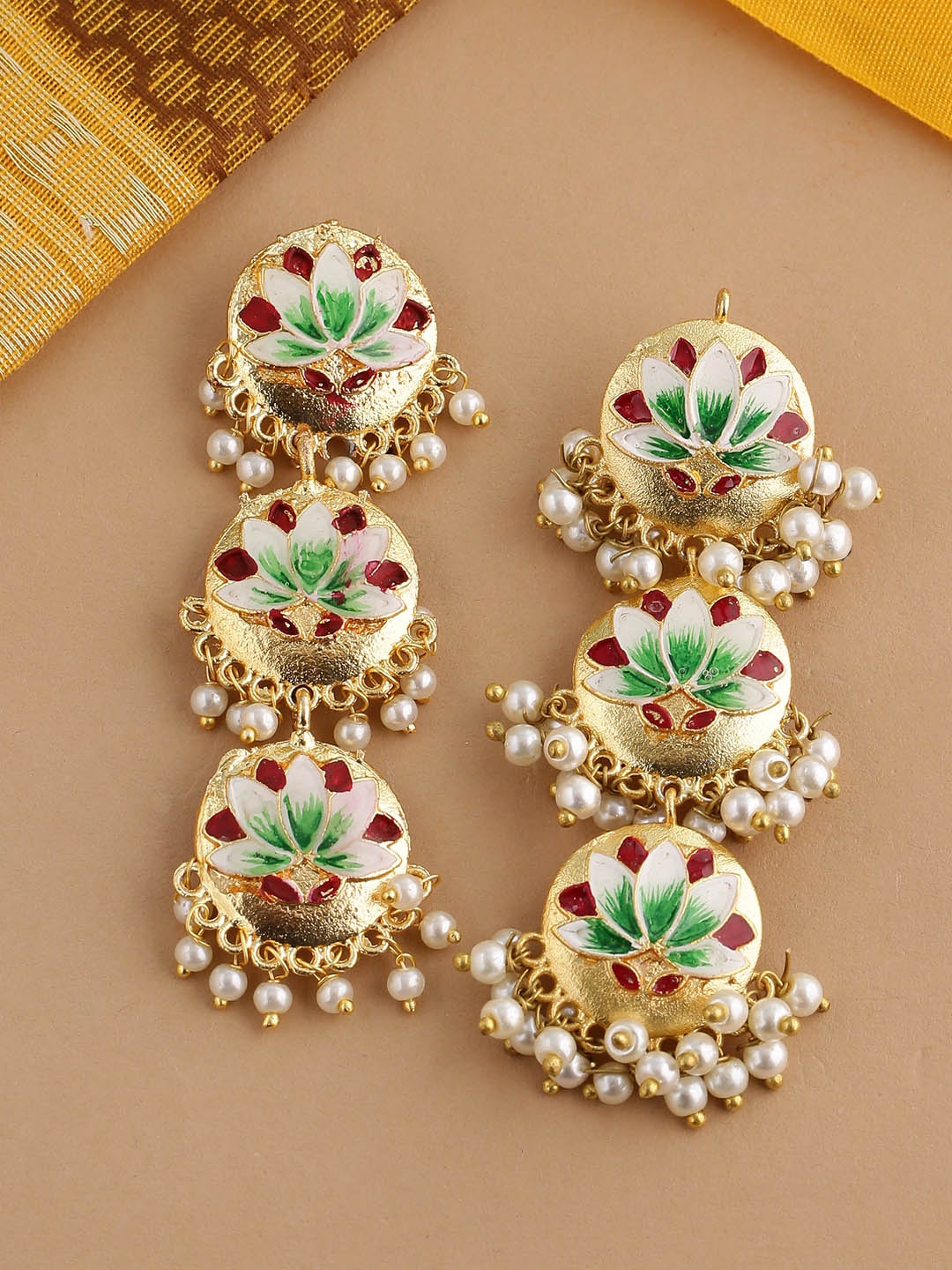 

Shoshaa White & Green Gold-Plated Beaded Lotus Hand Painted Circular Drop Earrings