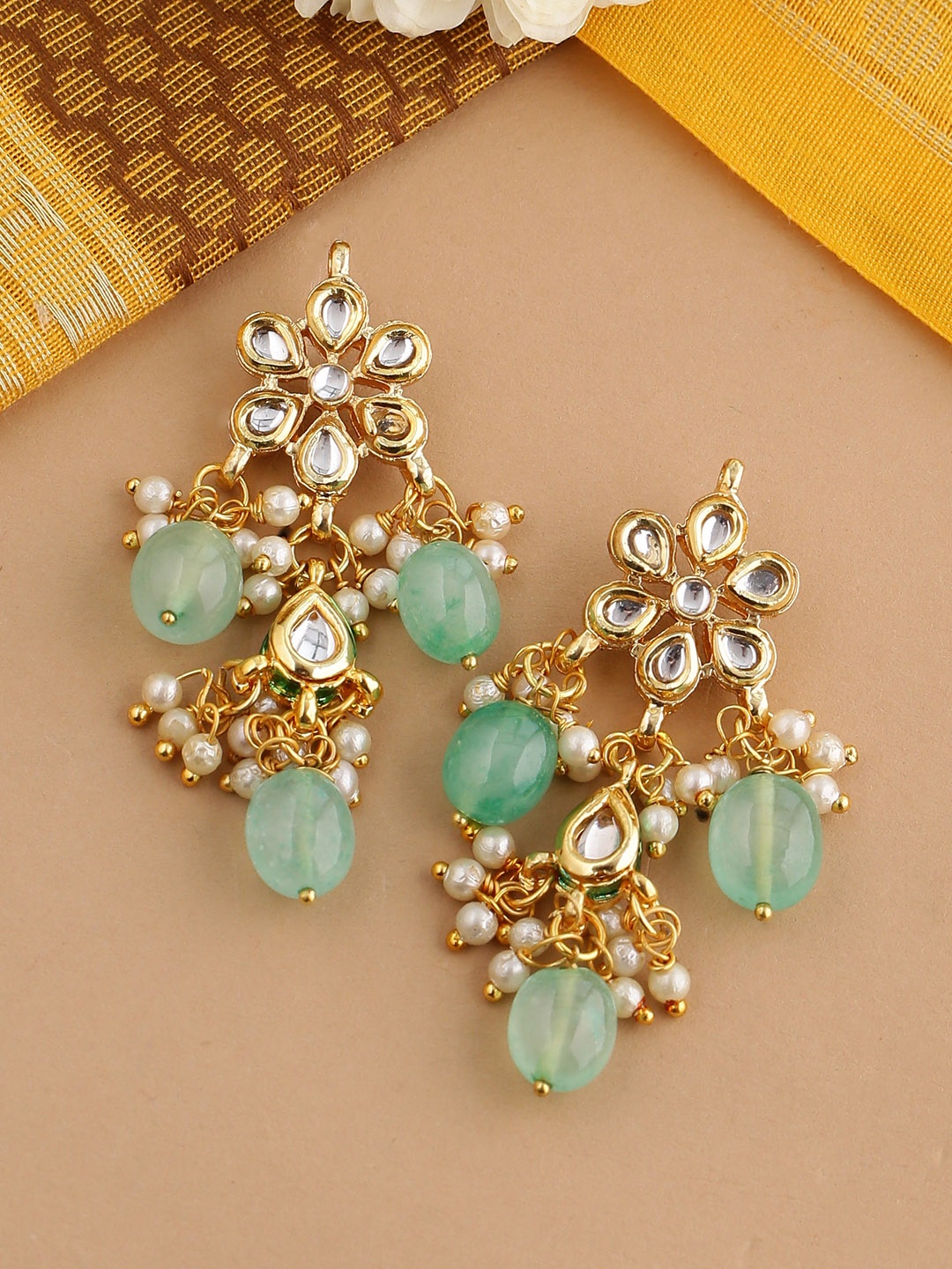 

Shoshaa Sea Green & Off-White Gold-Plated Kundan-Studded & Beaded Classic Drop Earrings