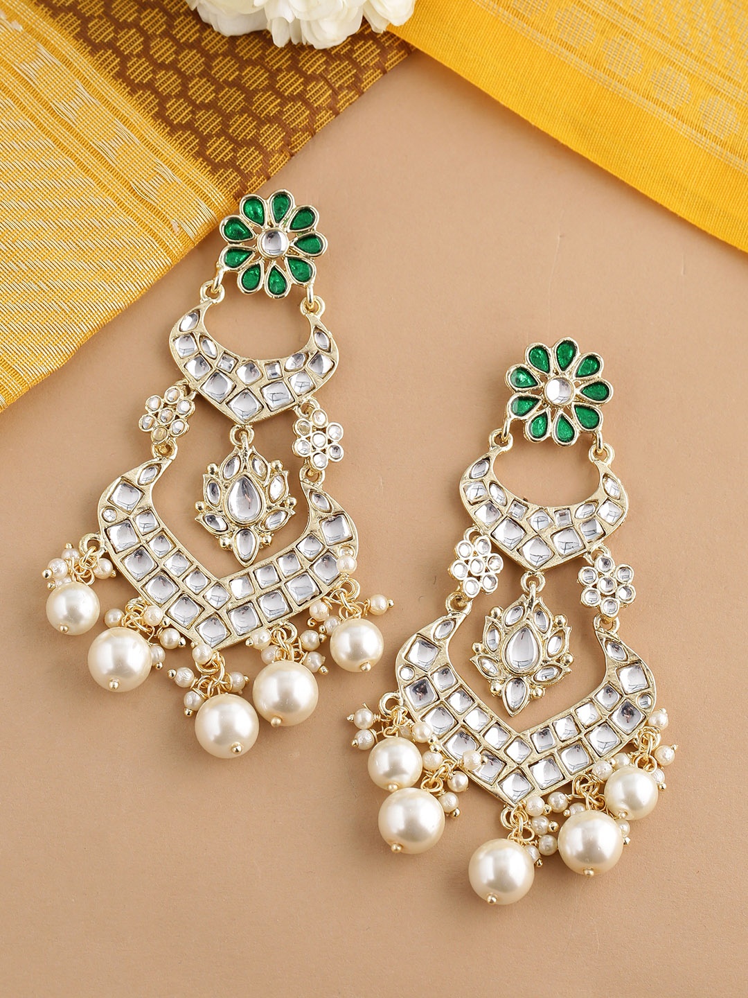 

Shoshaa Off-White & Green Gold-Plated Kundan-Studded & Beaded Classic Drop Earrings
