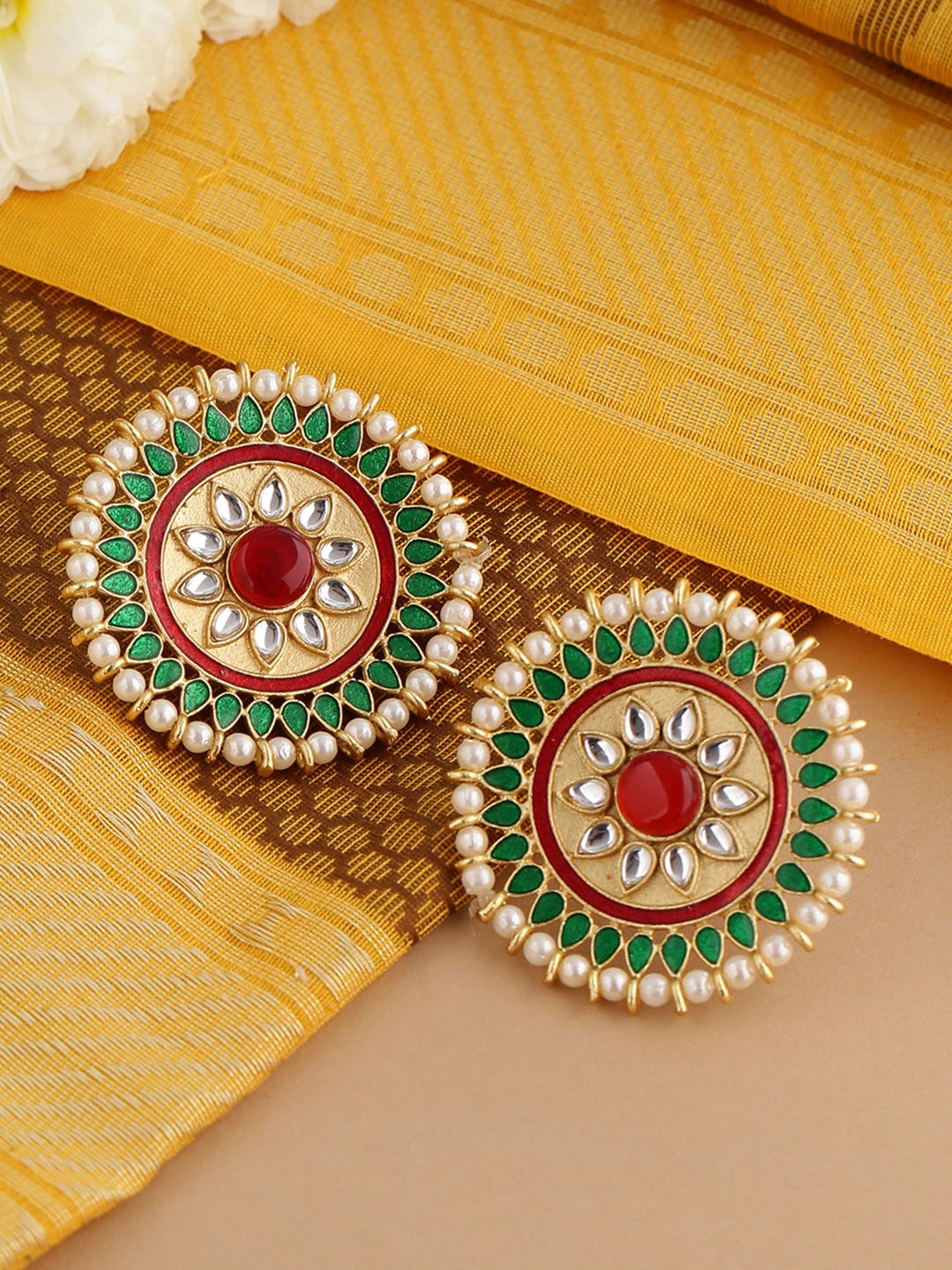 

Shoshaa Green & Red Gold-Plated Stone-Studded & Beaded Circular Drop Earrings