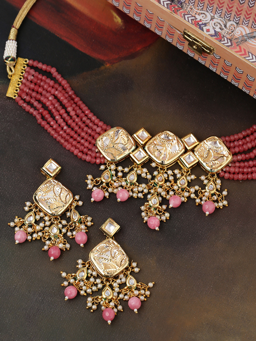 

Shoshaa Maroon & Pink Gold-Plated Kundan Studded & Beaded Choker Necklace Set