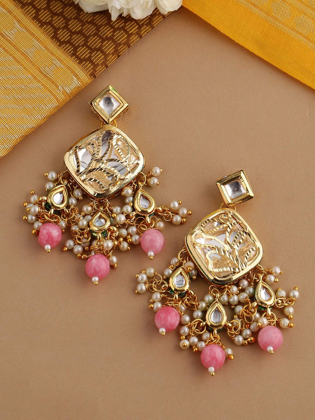

Shoshaa Pink & Off-White Gold Plated Kundan Studded & Beaded Classic Drop Earrings