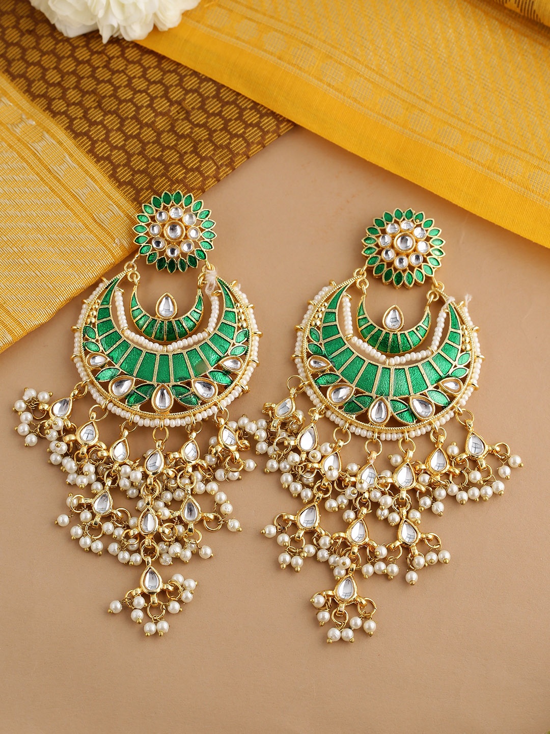 

Shoshaa Green Gold-Plated Kundan Studded & Beaded Enamelled Chandbalis