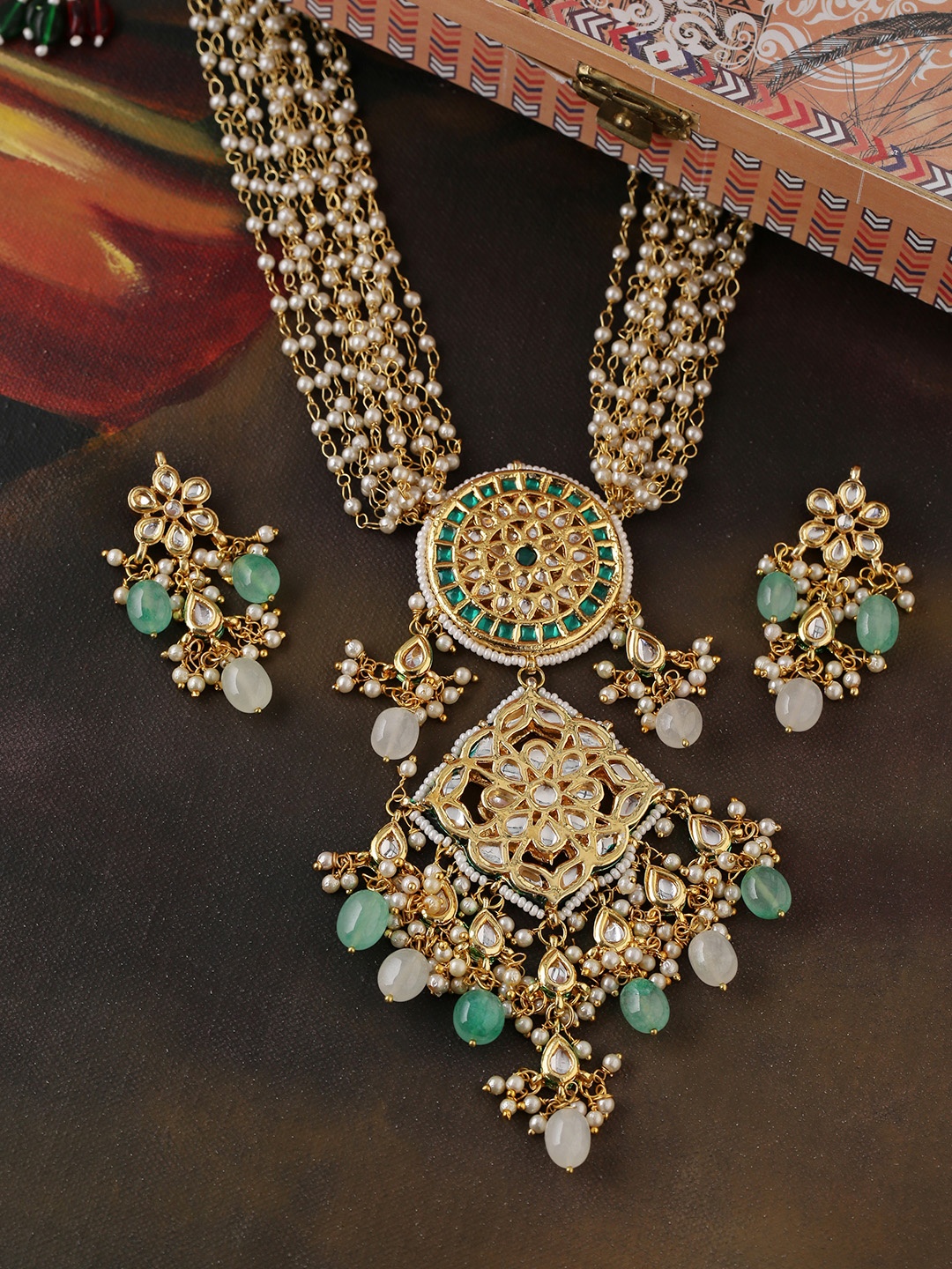 

Shoshaa Green Gold-Plated Kundan-Studded & Beaded Jewellery Set