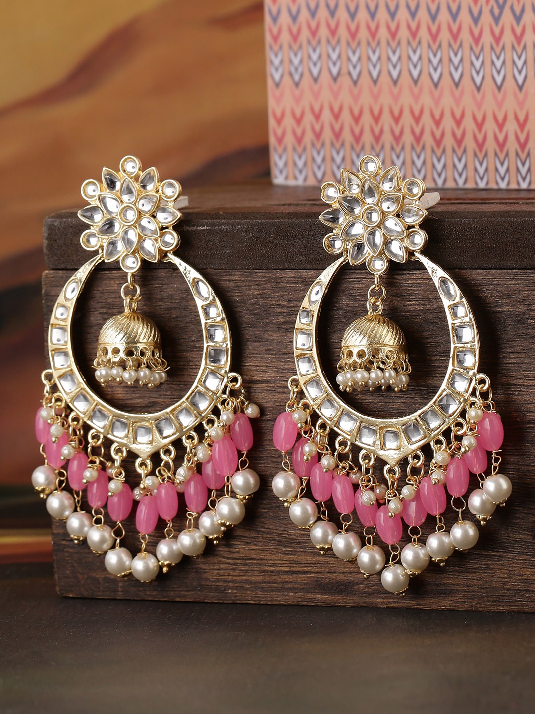 

Shoshaa Pink Gold-Plated Kundan Studded & Beaded Crescent Shaped Chandbalis