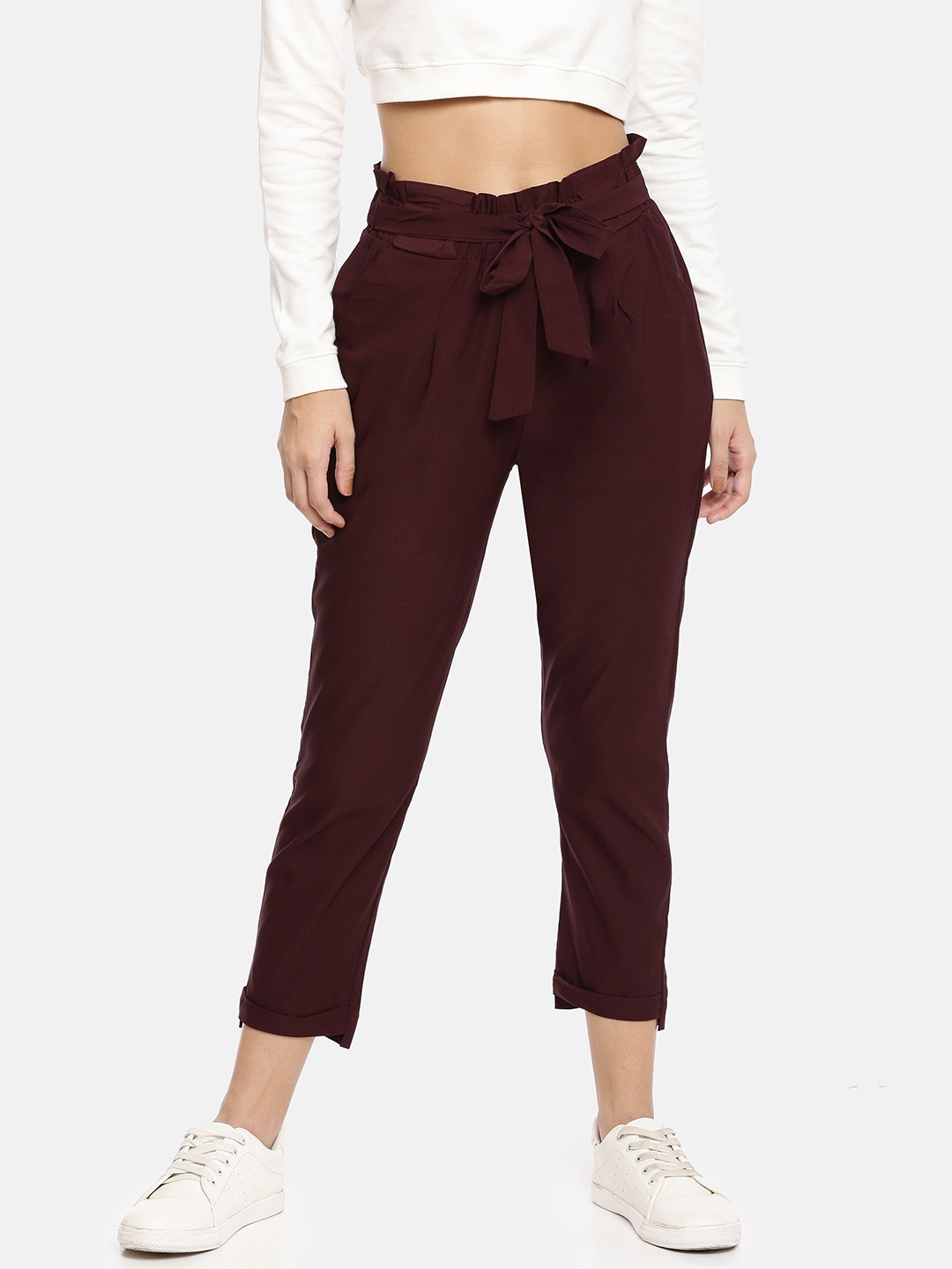 

GOLDSTROMS Women Burgundy Cropped Regular Fit Solid Peg Trousers