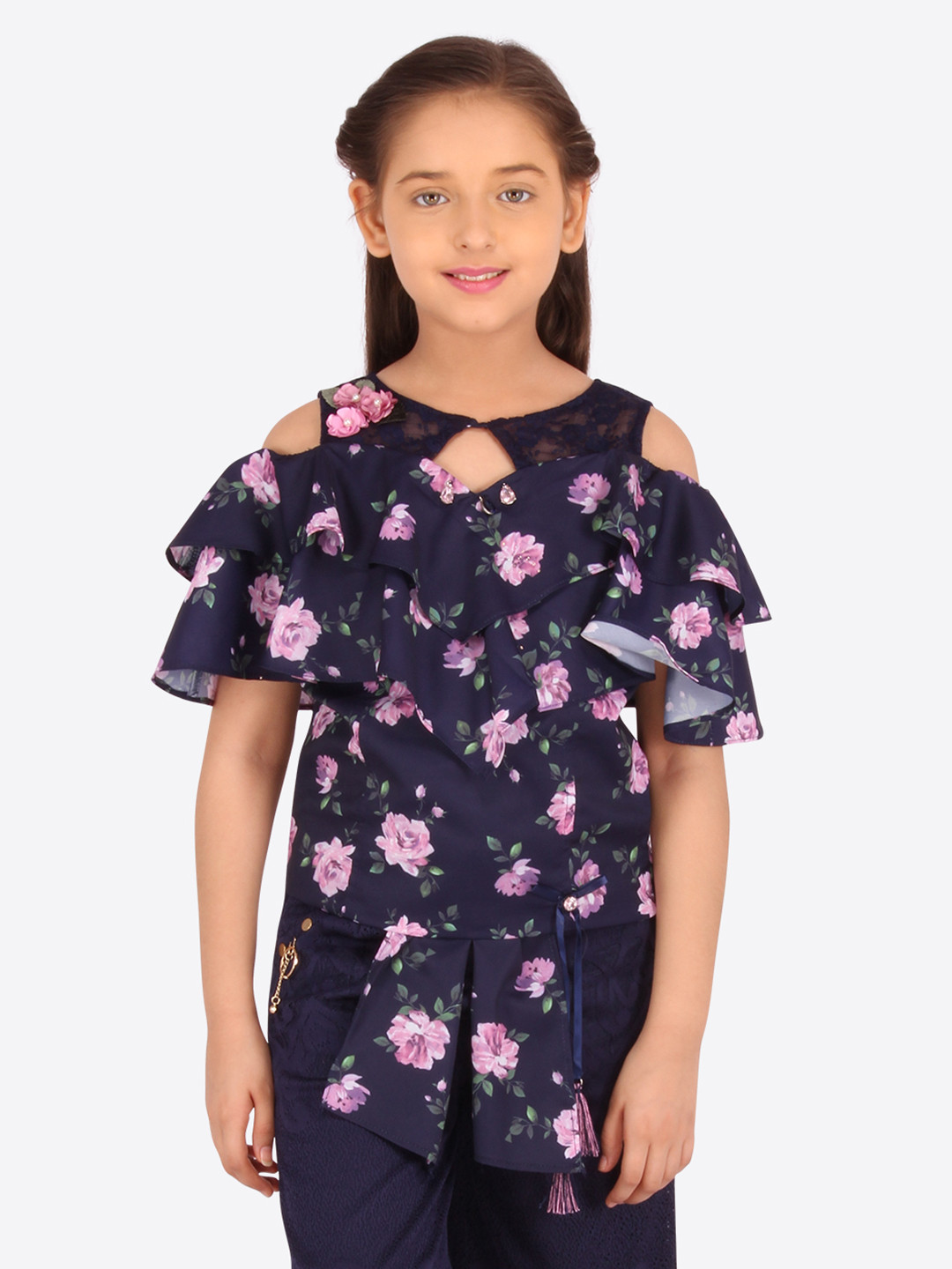 

CUTECUMBER Girls Navy Blue & Pink Floral Print Top
