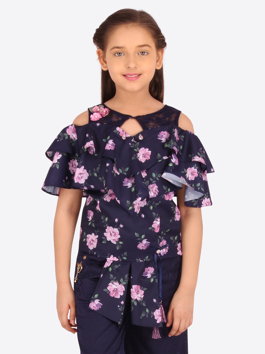 

CUTECUMBER Girls Navy Blue Floral Printed Top