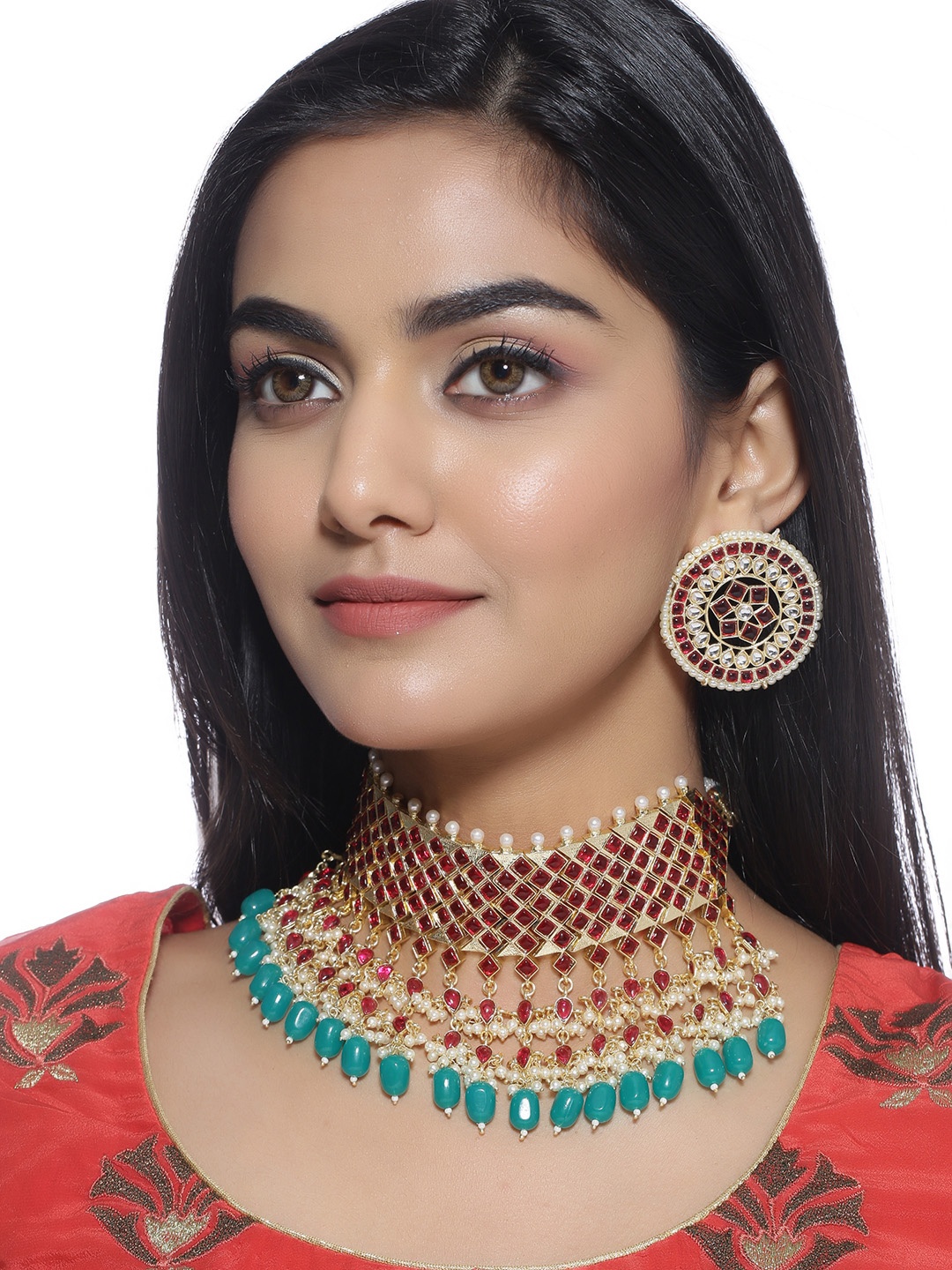 

Shoshaa Gold-Plated Red & Green Kundan-Studded Beaded Bridal Jewellery Set
