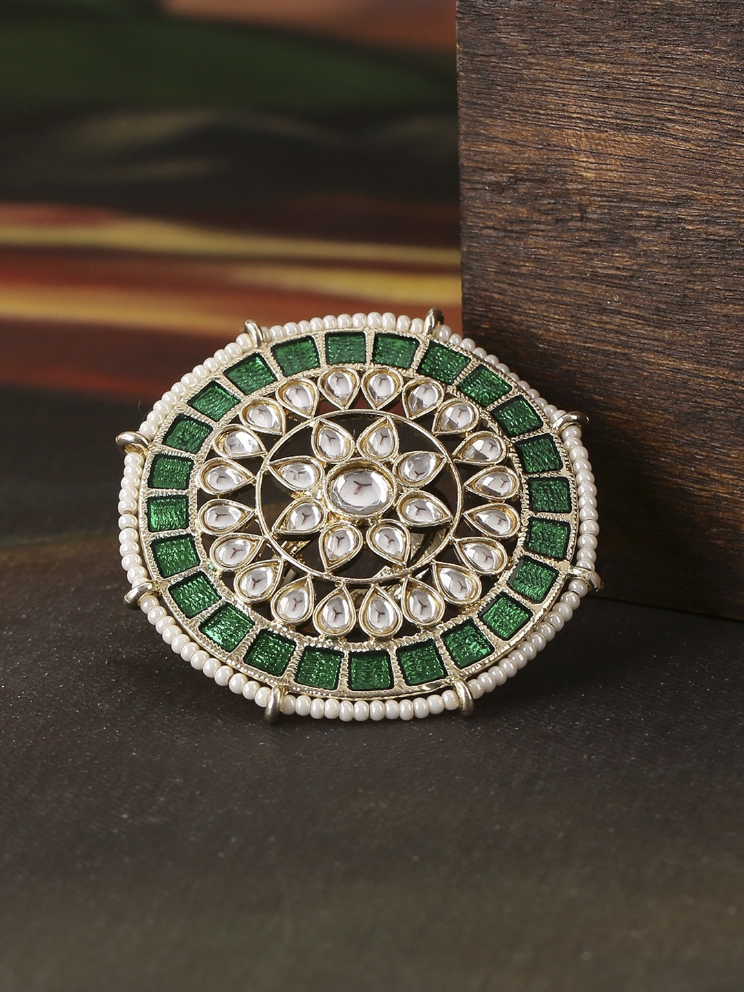 

Shoshaa Gold-Plated Green & White Kundan-Studded Beaded Cocktail Finger Ring