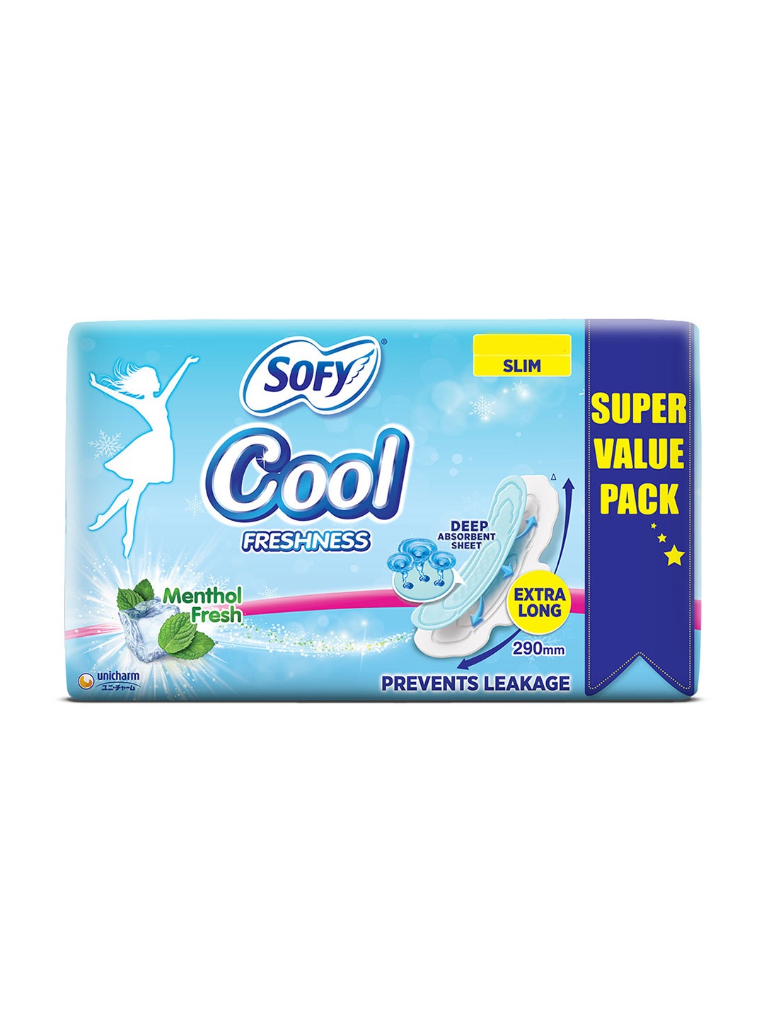 

SOFY Cool Freshness Super XL Menthol Fresh Slim Sanitary Napkins - 54 Pads, Blue