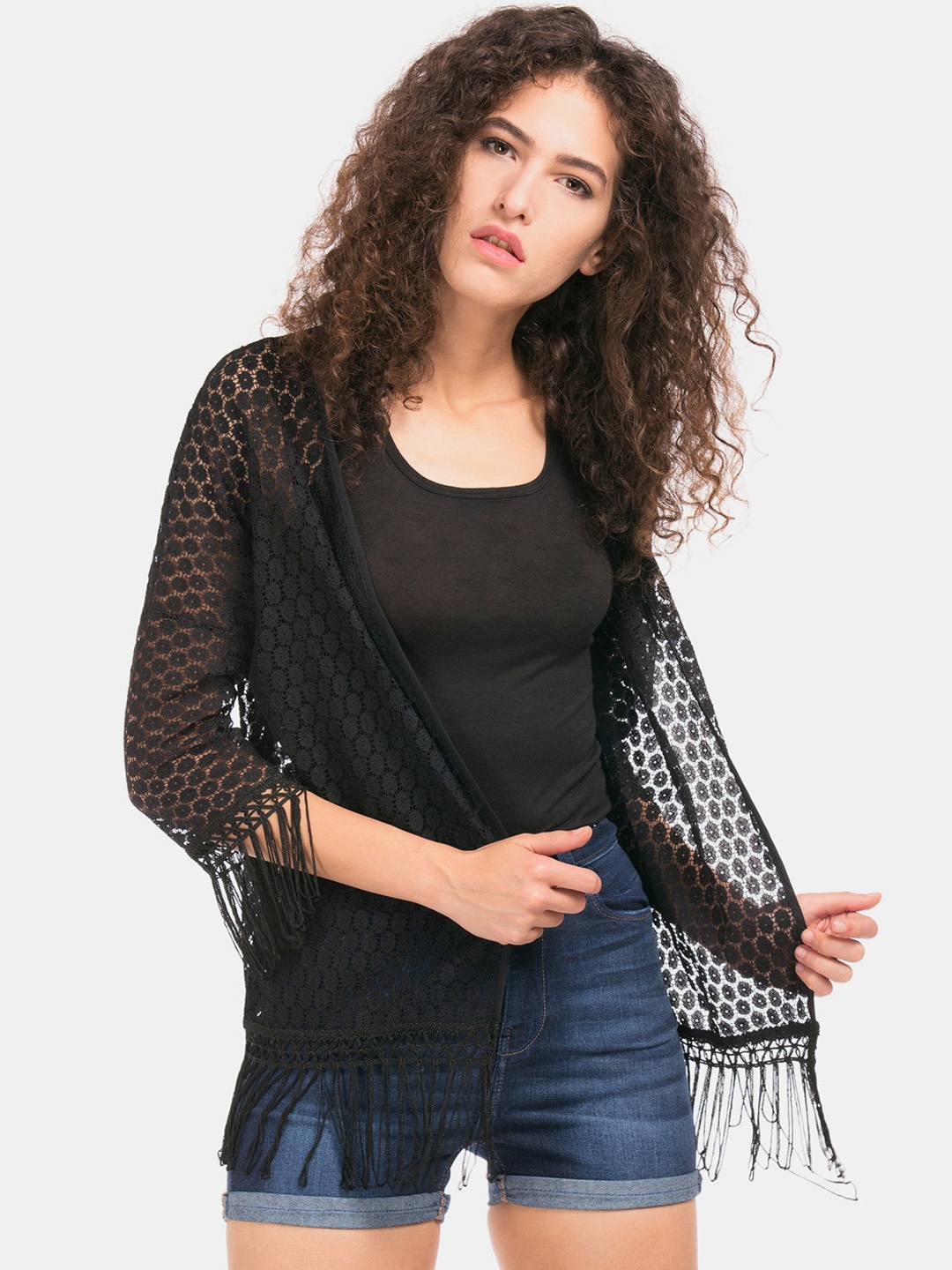 

Sugr Women Black Self Design Open Front Shrug