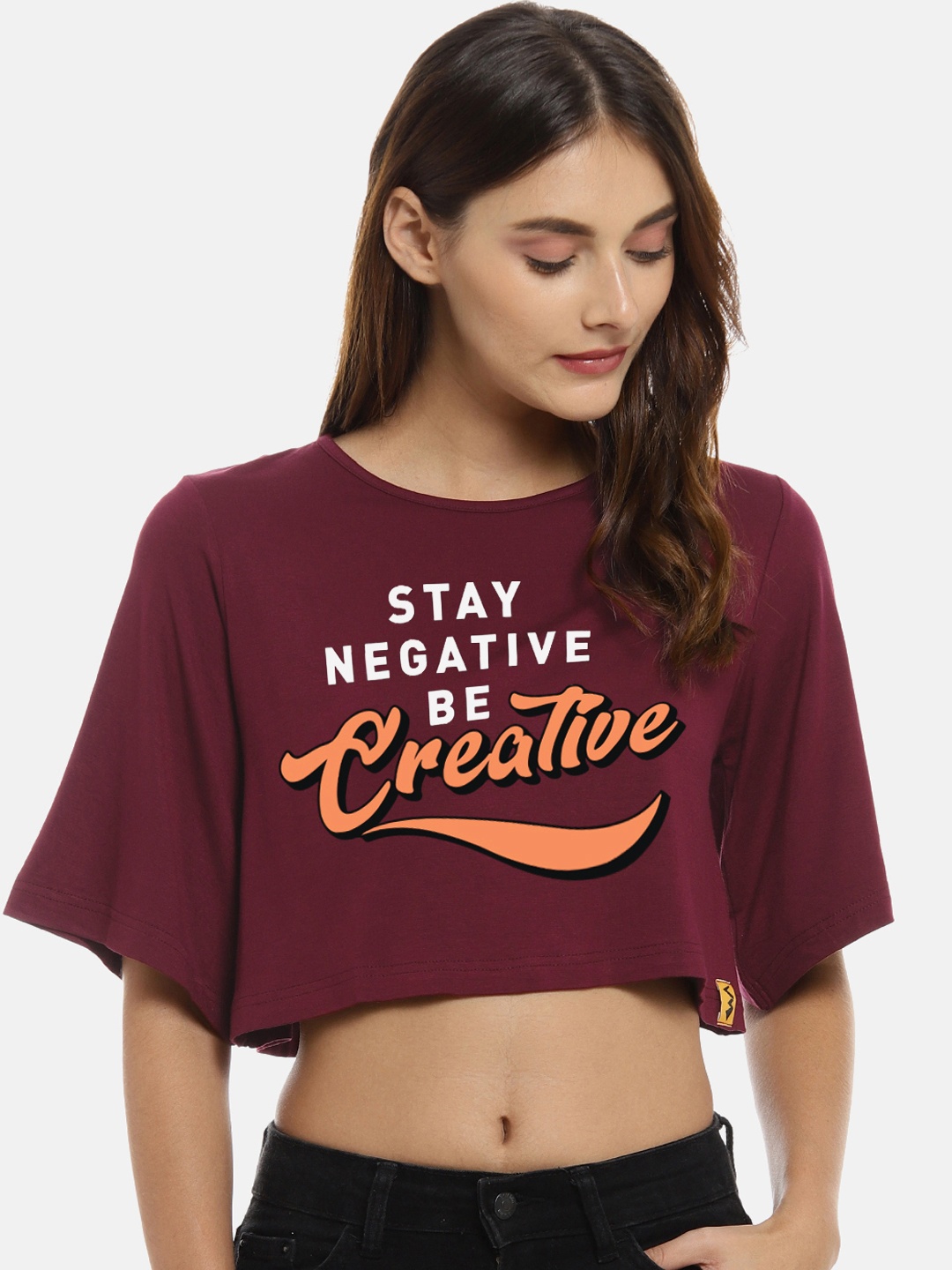 

Campus Sutra Women Maroon Printed Crop Pure Cotton Top