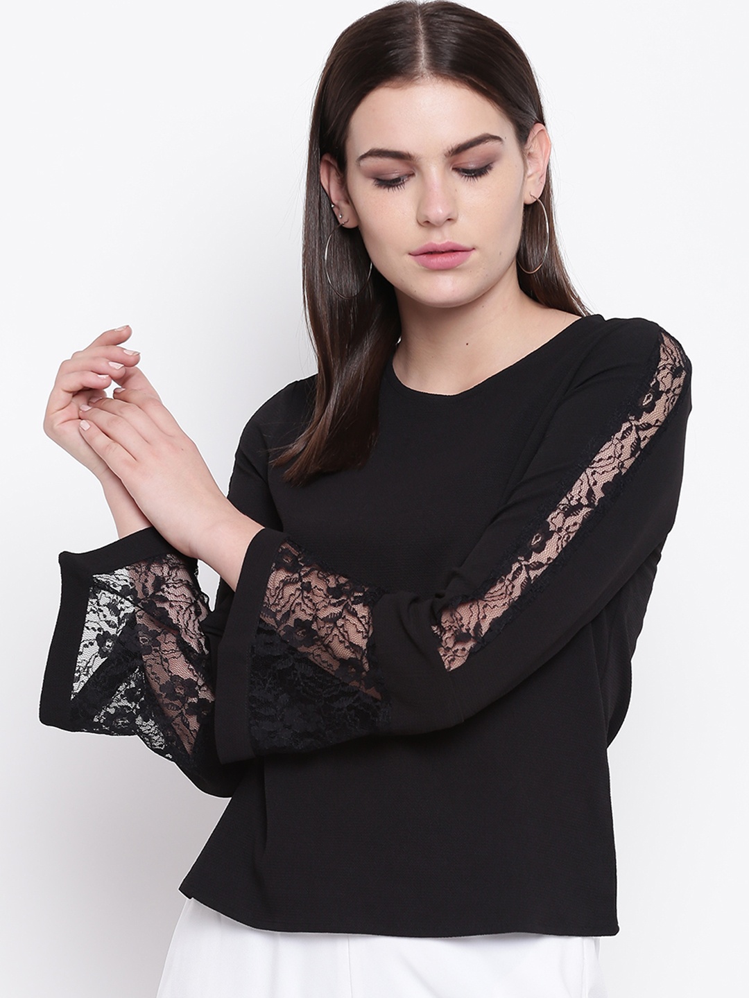 

DODO & MOA Women Black Solid Top With Lace Inserts