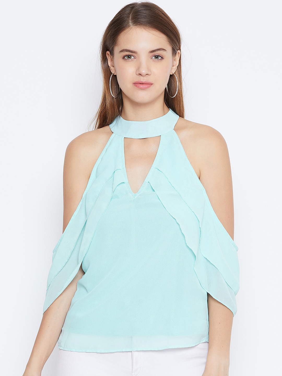 

DODO & MOA Women Baby Blue Solid Cold Shoulder Top