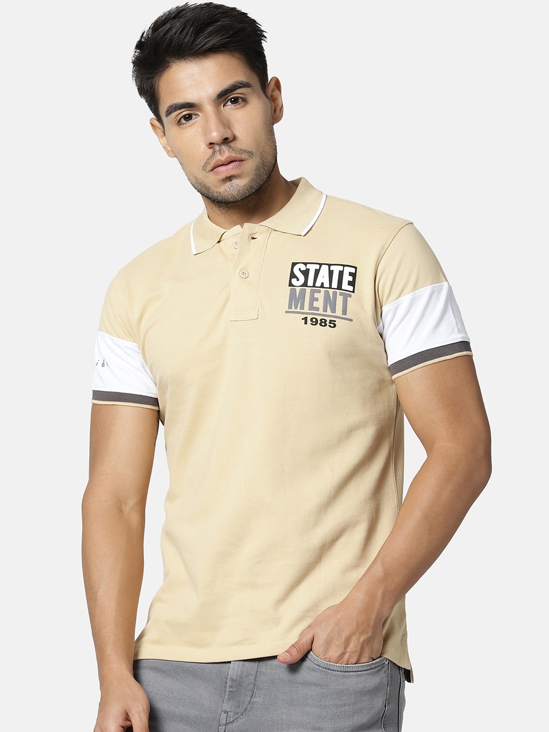 

FIDO DIDO Men Beige Solid Polo Collar Pure Cotton T-shirt
