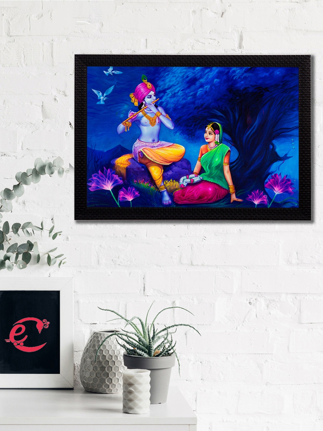 

eCraftIndia Blue & Pink Radha Krishna Playing Flute Satin Matt Texture UV Wall Painting