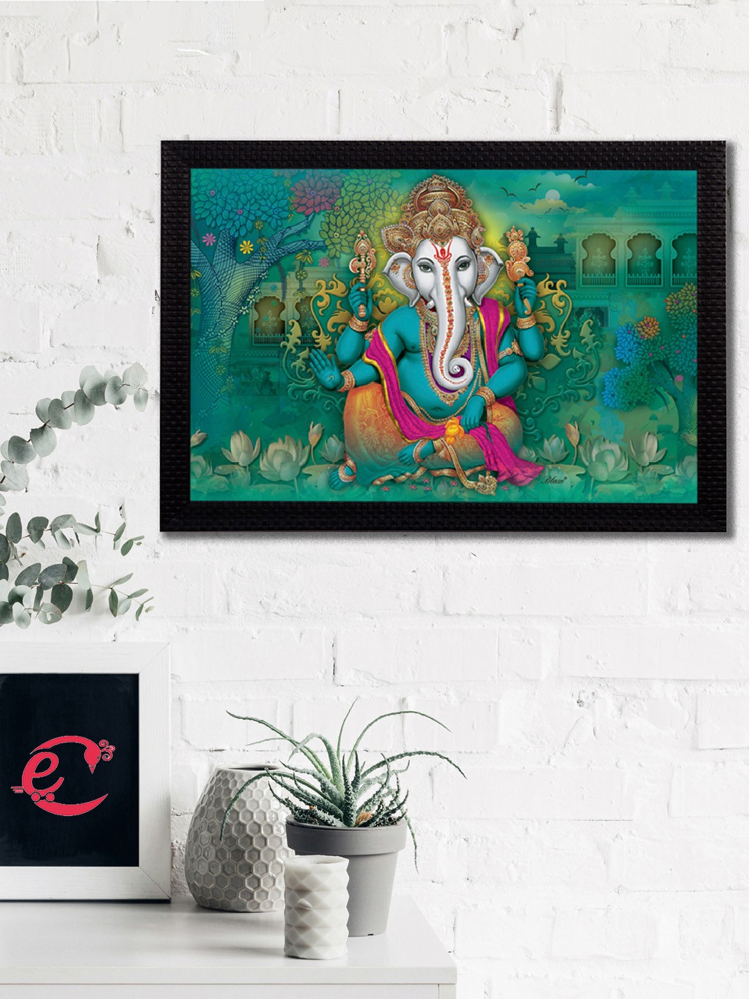 

eCraftIndia Green & Gold-Coloured Lord Ganesha Satin Matt Texture UV Wall Art