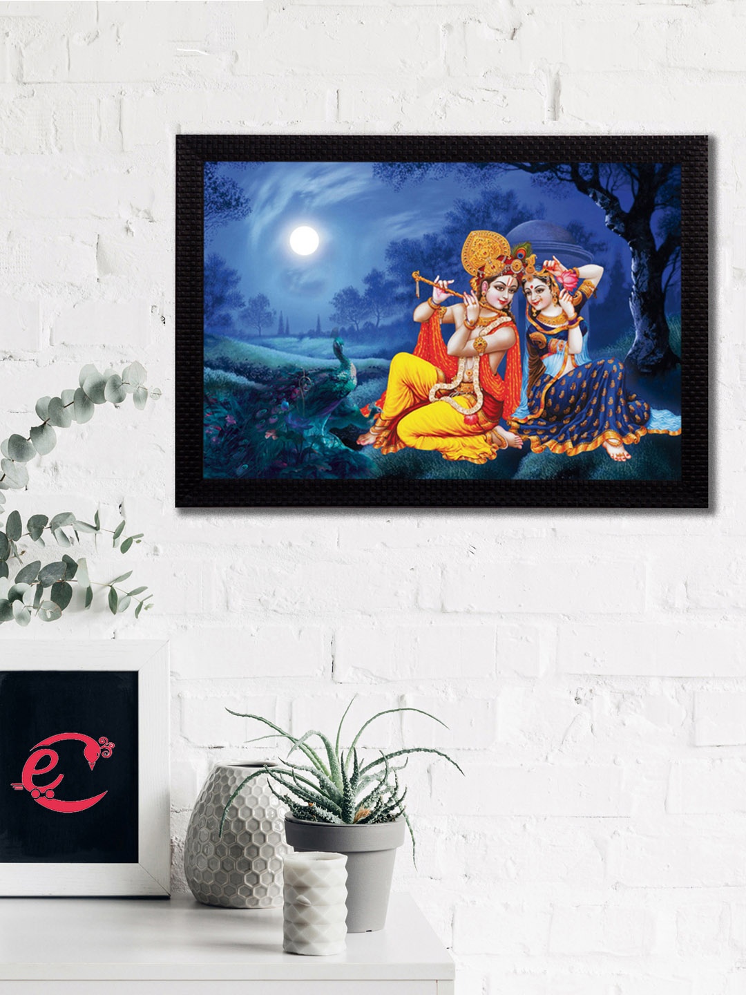 

eCraftIndia Blue & Yellow Radha Krishna Playing Flute Satin Matt Texture UV Wall Art