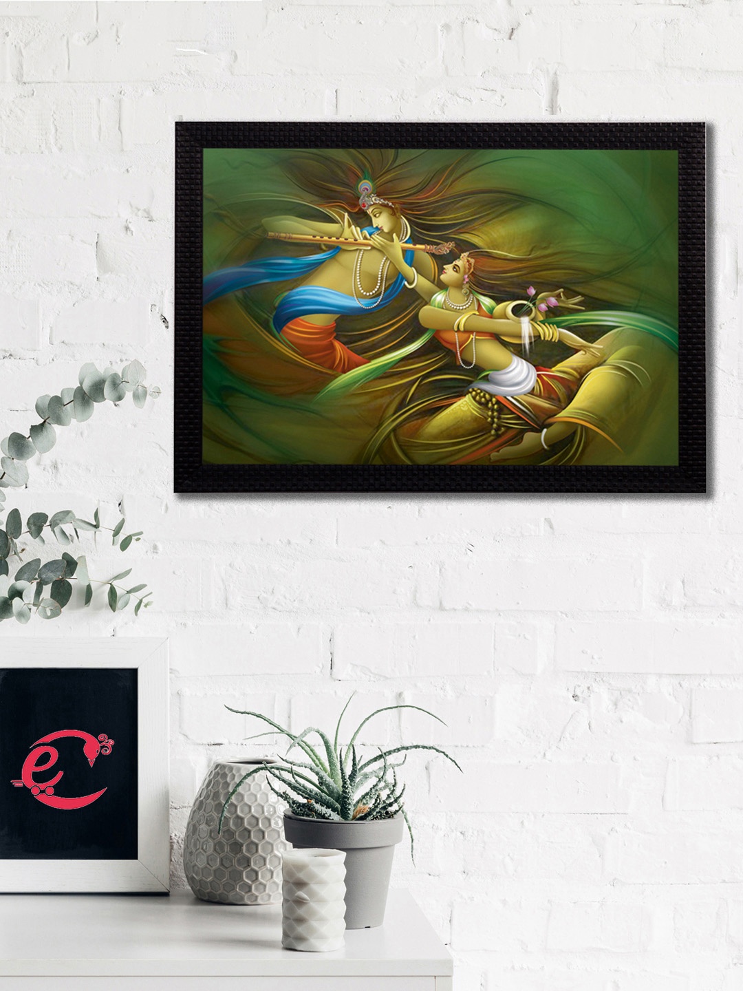 

eCraftIndia Green & Yellow Radha Krishna Playing Flute Satin Matt Texture UV Wall Art