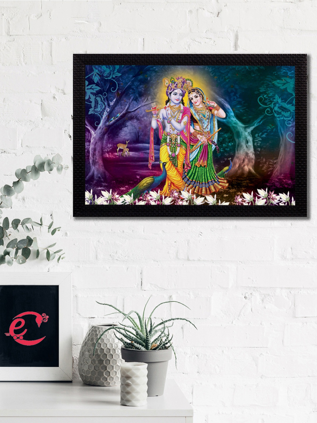 

eCraftIndia Unisex Purple & Yellow Radha Krishna Playing Flute Satin Matt Texture UV Wall Art