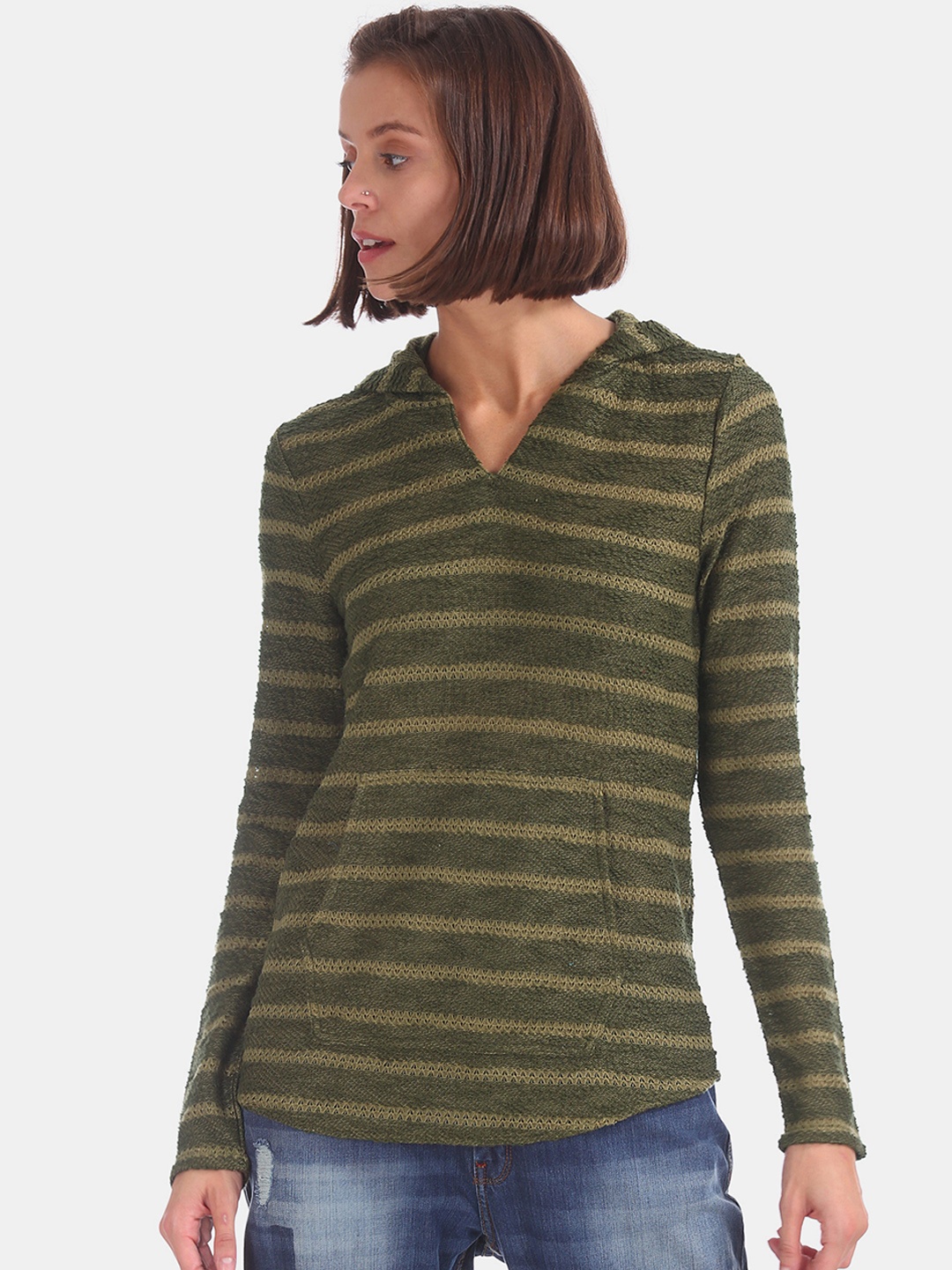 

Cherokee Women Green Striped Hooded Sweatshirt