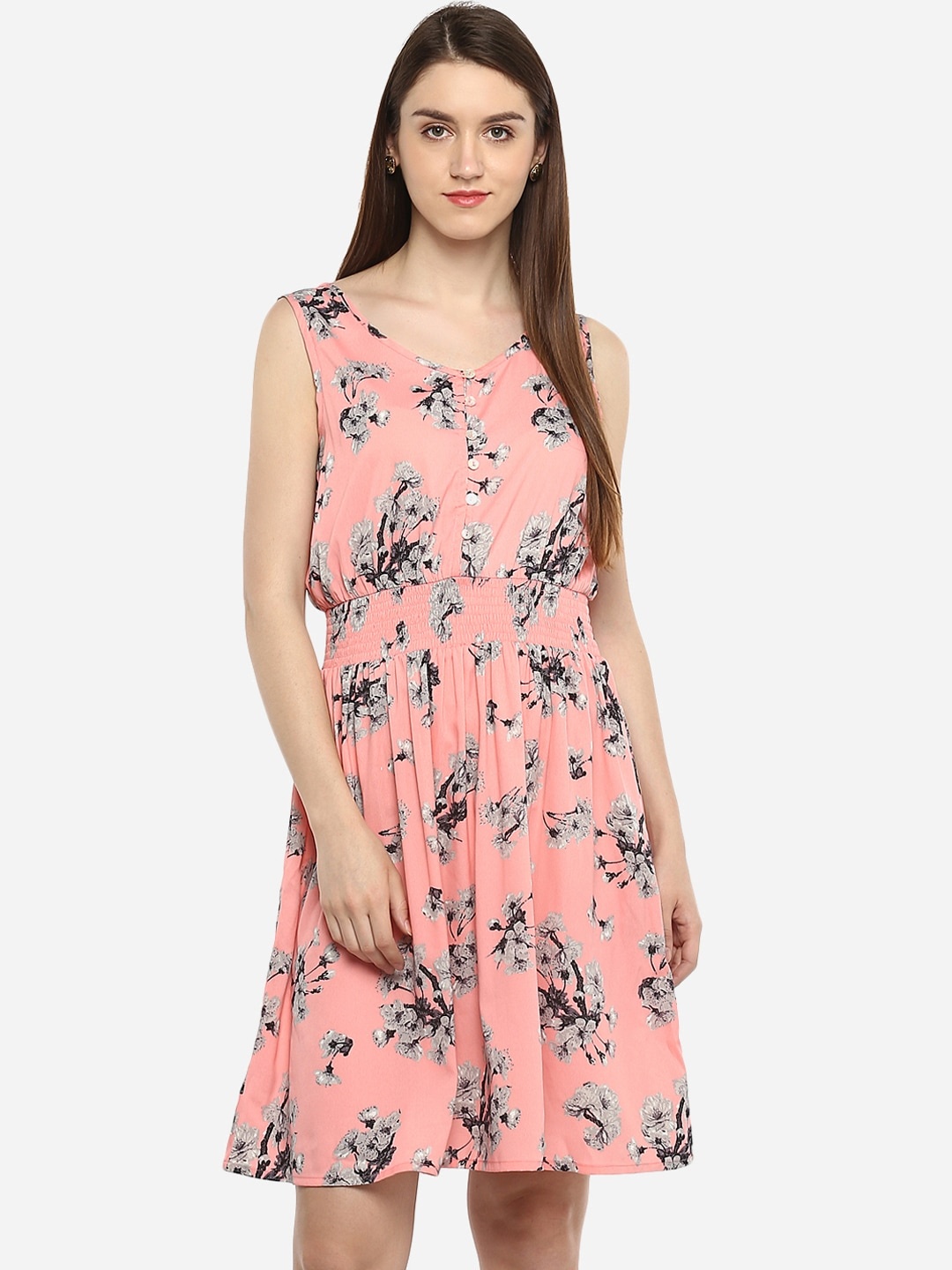 

Porsorte Women Pink & Grey Printed Fit and Flare Dress