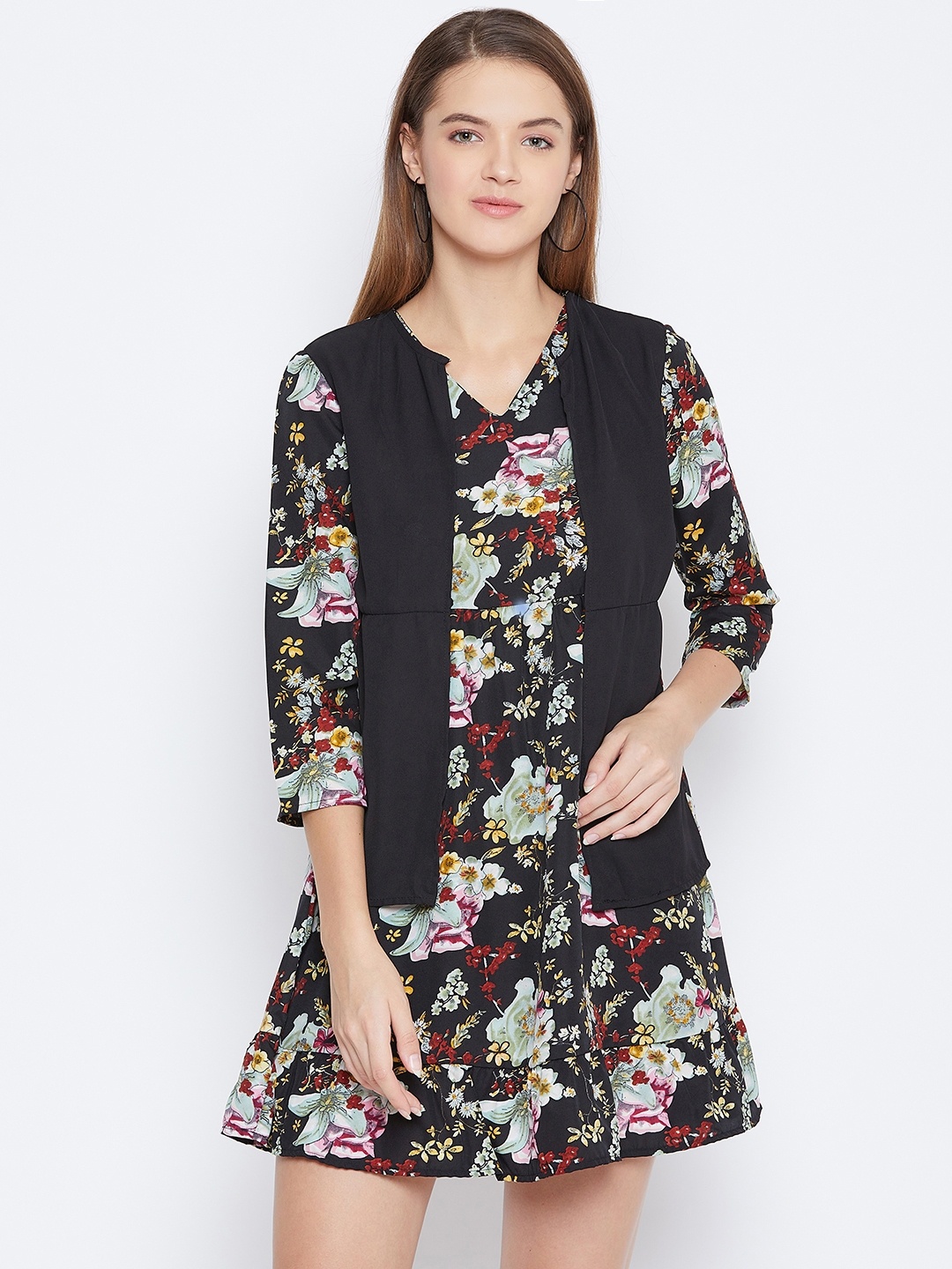 

DODO & MOA Women Black & Green Floral Printed Layered A-Line Dress