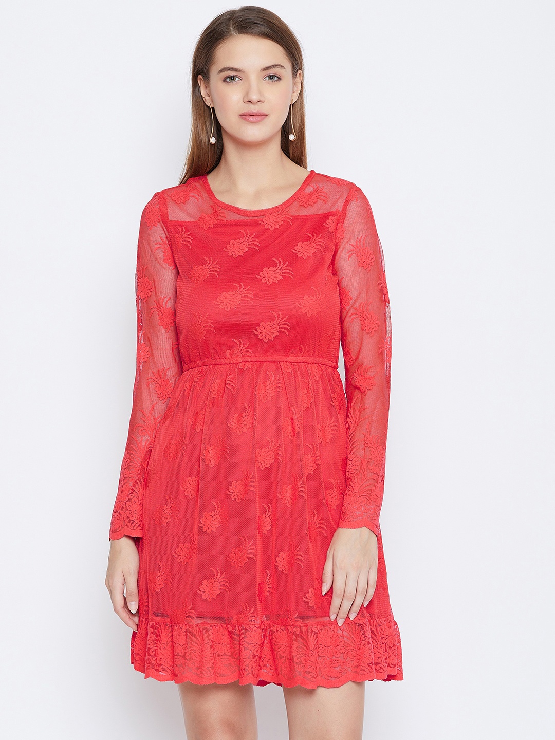 

DODO & MOA Women Coral Red Self Design Fit and Flare Dress
