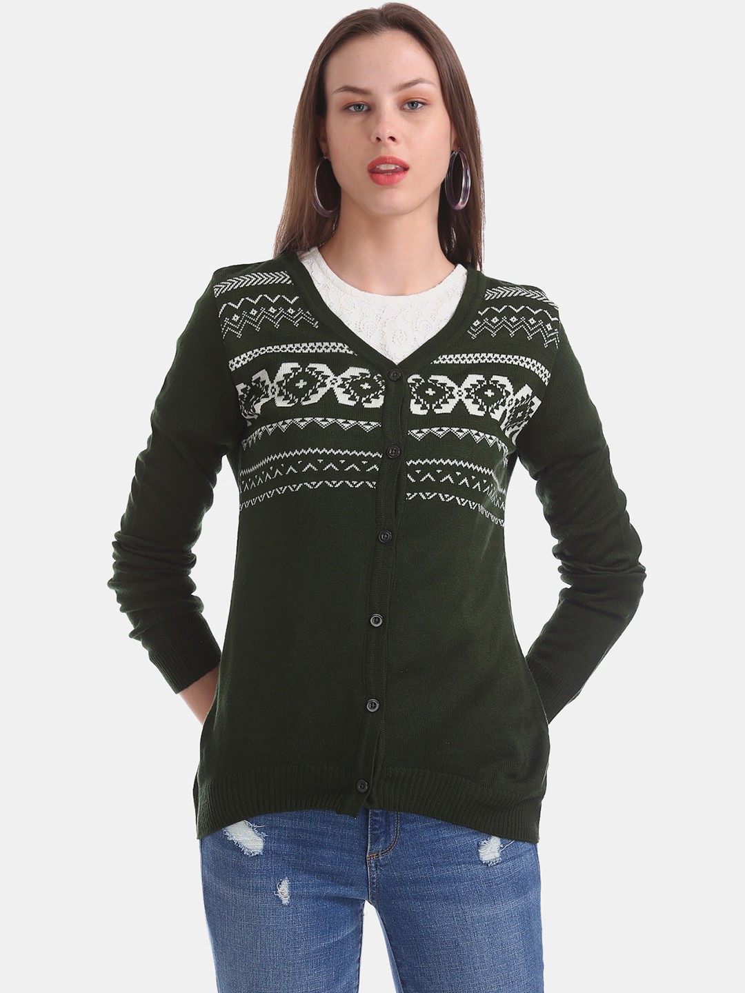 

Cherokee Women Olive Green & White Self-Design Cardigan Sweater