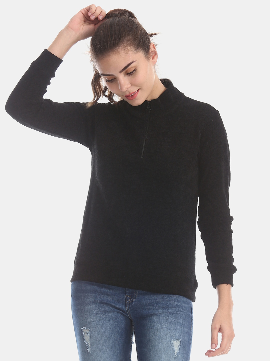 

Cherokee Women Black Solid Sweatshirt