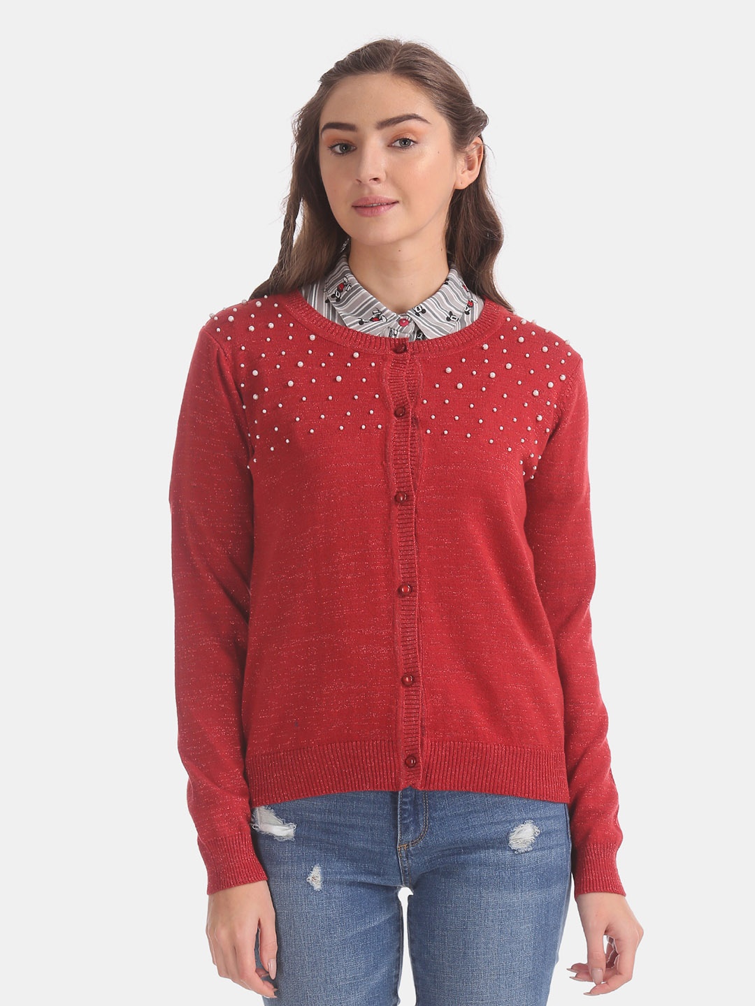 

Cherokee Women Red Pearl Embellished Cardigan