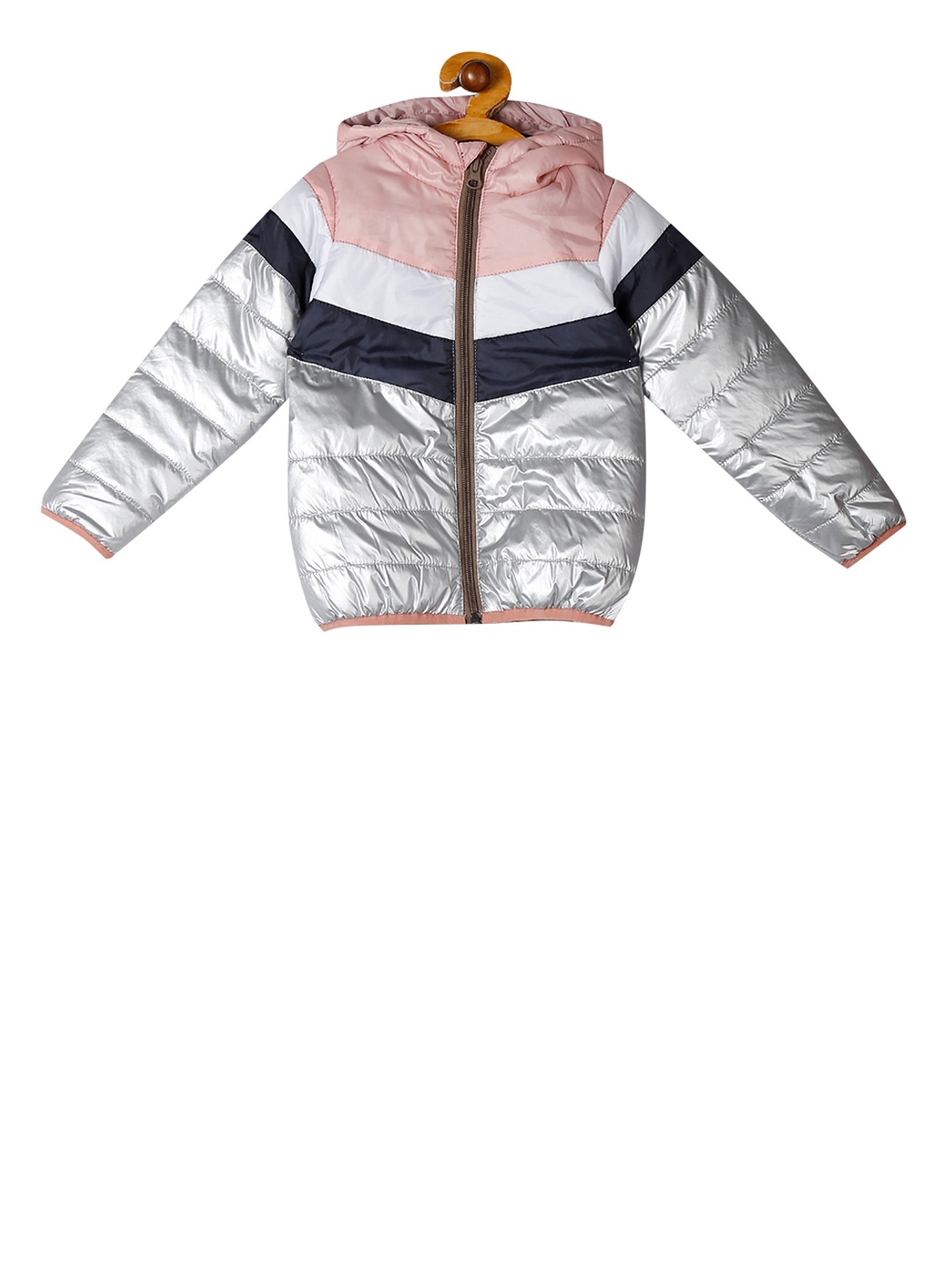 

Cherokee Girls Silver-Toned & Peach-Coloured Colourblocked Puffer Jacket