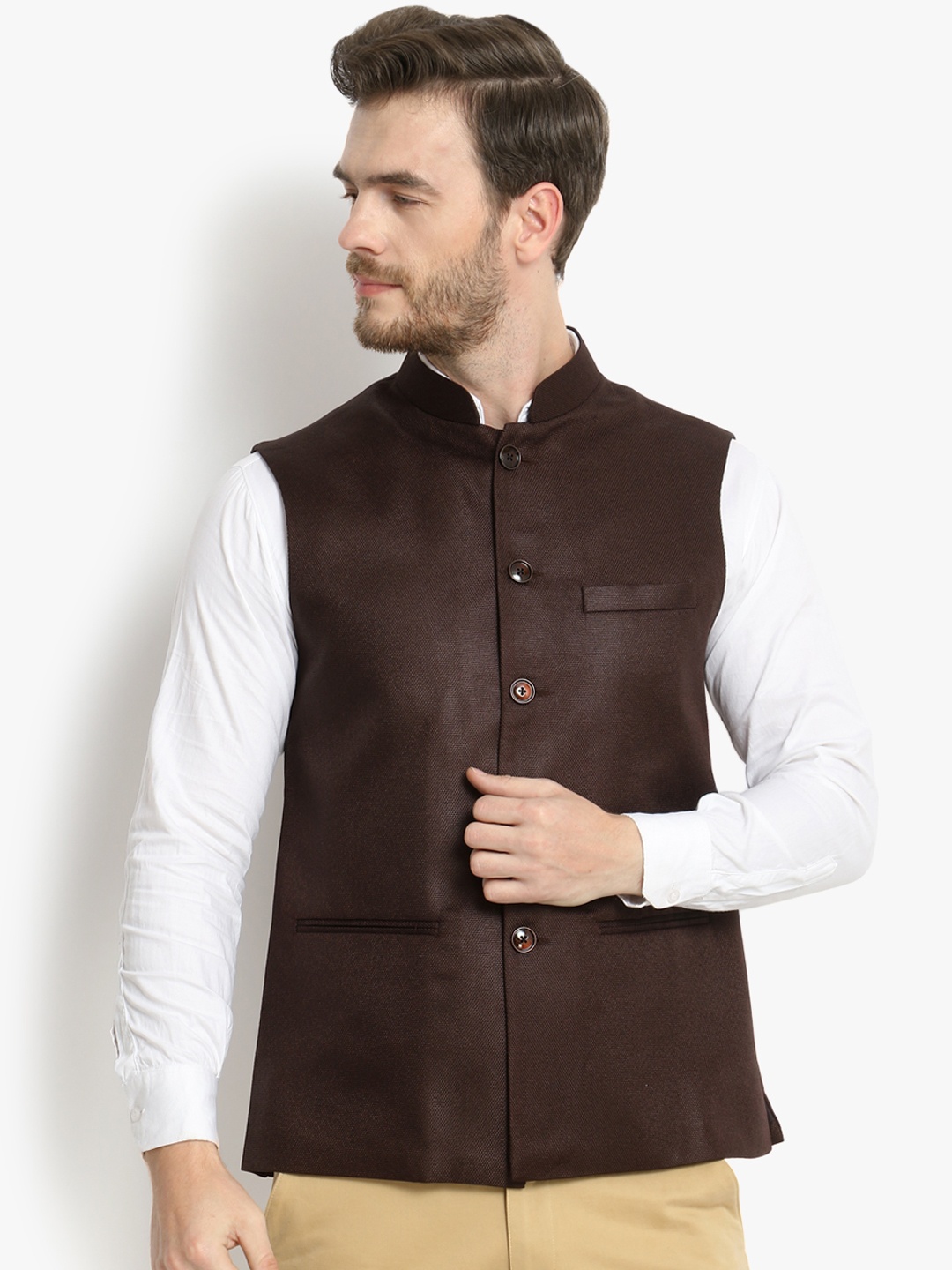 

Vastraa Fusion Men Brown Solid Woven Nehru Jacket