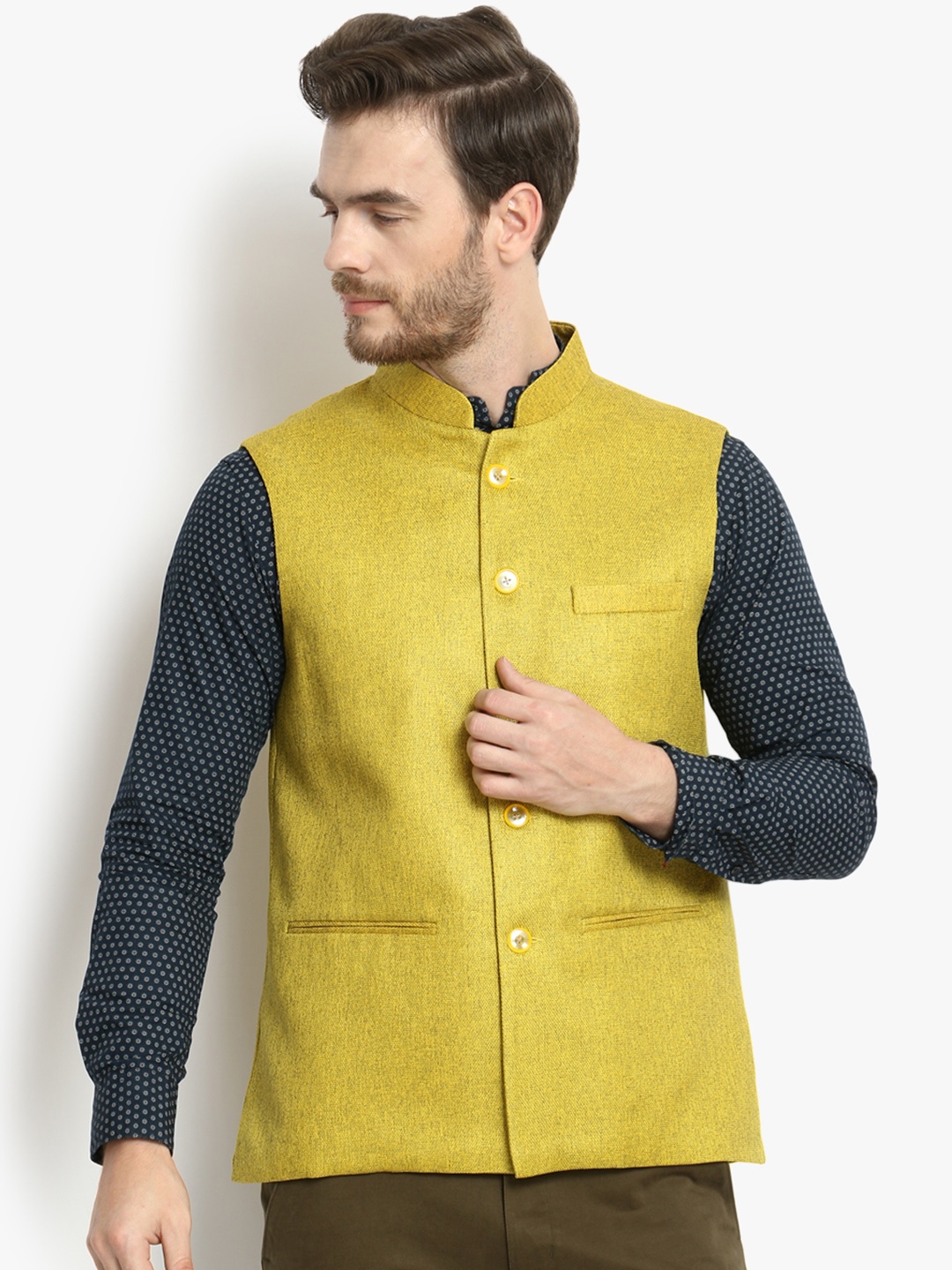 

Vastraa Fusion Men Yellow Solid Woven Bandhgala Nehru Jacket