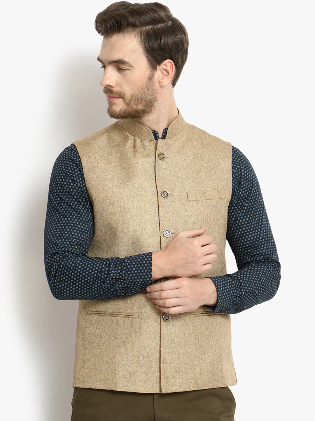 

Vastraa Fusion Men Beige Solid Woven Nehru Jacket
