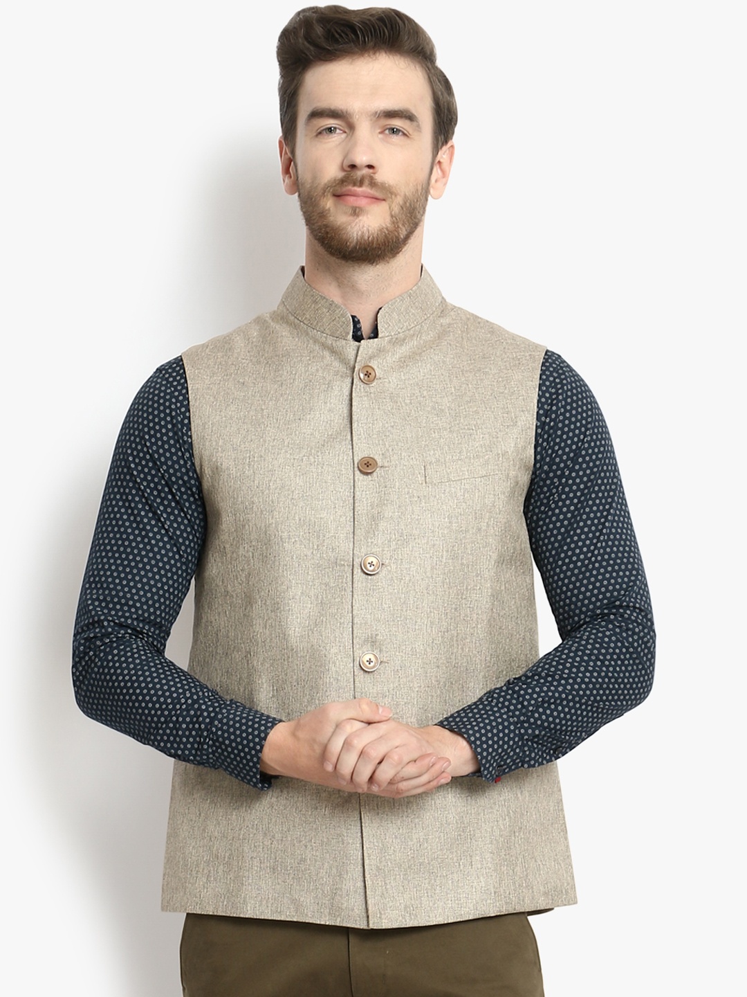 

Vastraa Fusion Men Beige Solid Woven Jute Cotton Nehru Jacket
