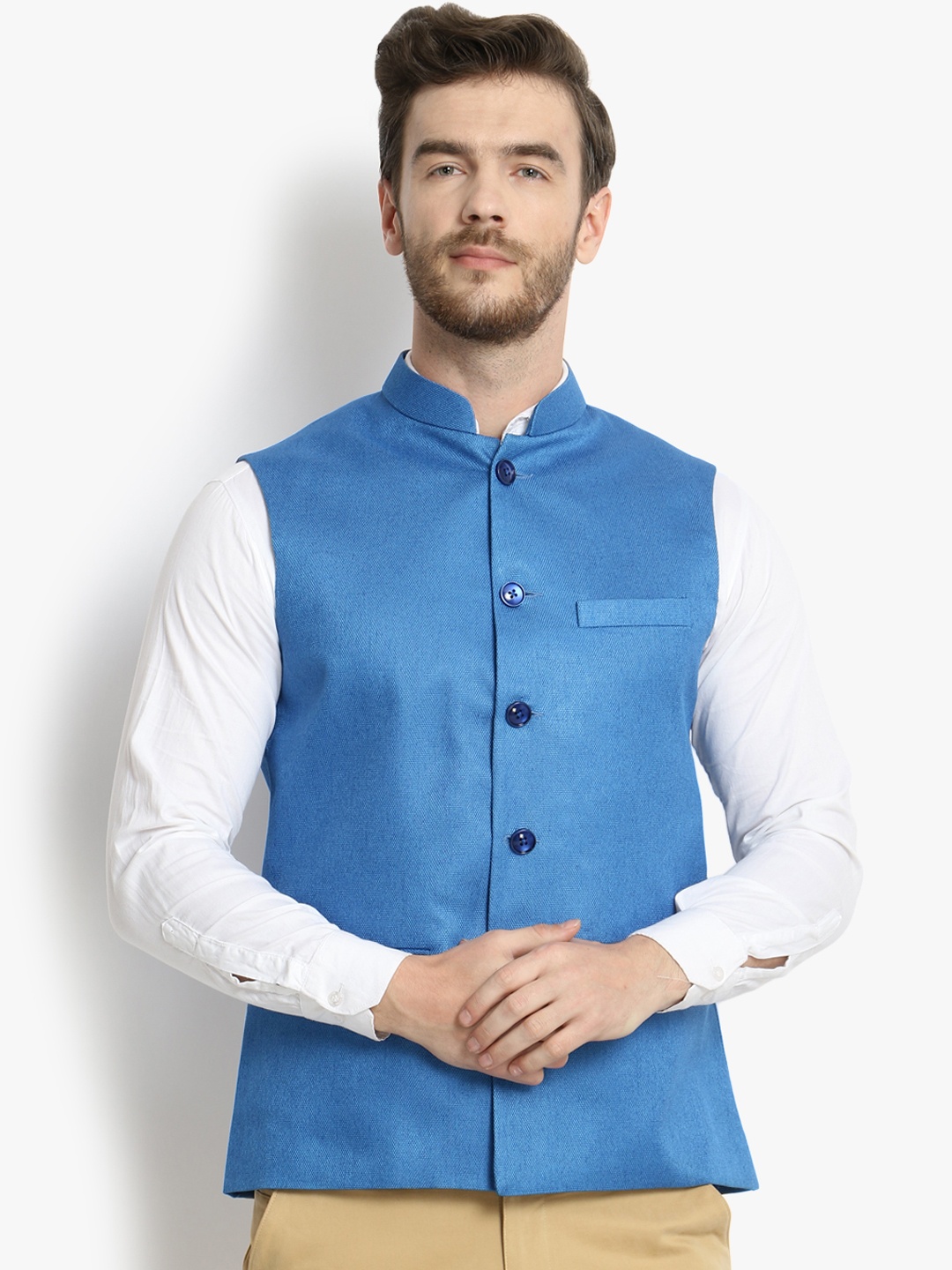 

Vastraa Fusion Men Blue Solid Woven Nehru Jacket