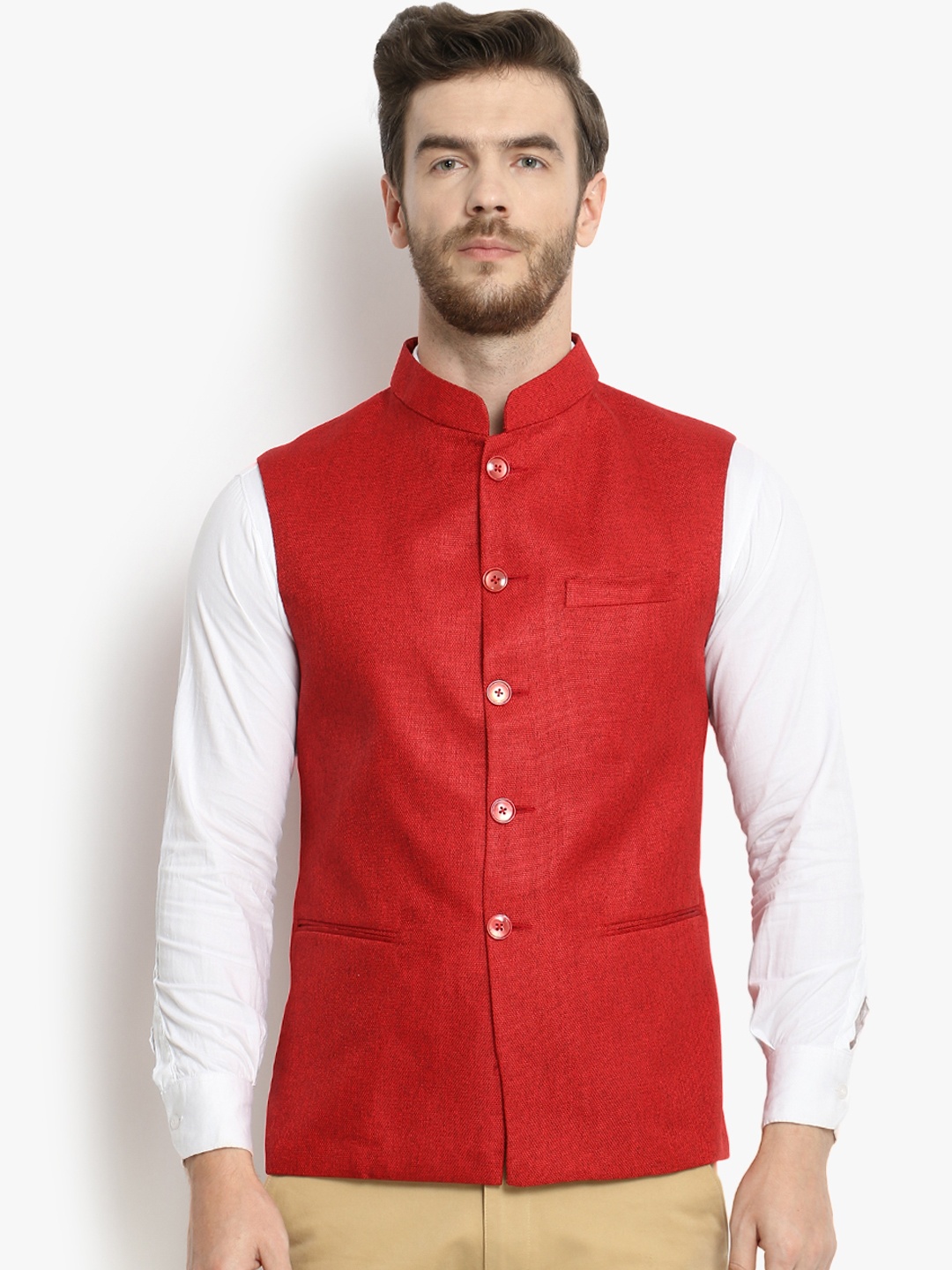 

Vastraa Fusion Men Red Solid Woven Nehru Jacket