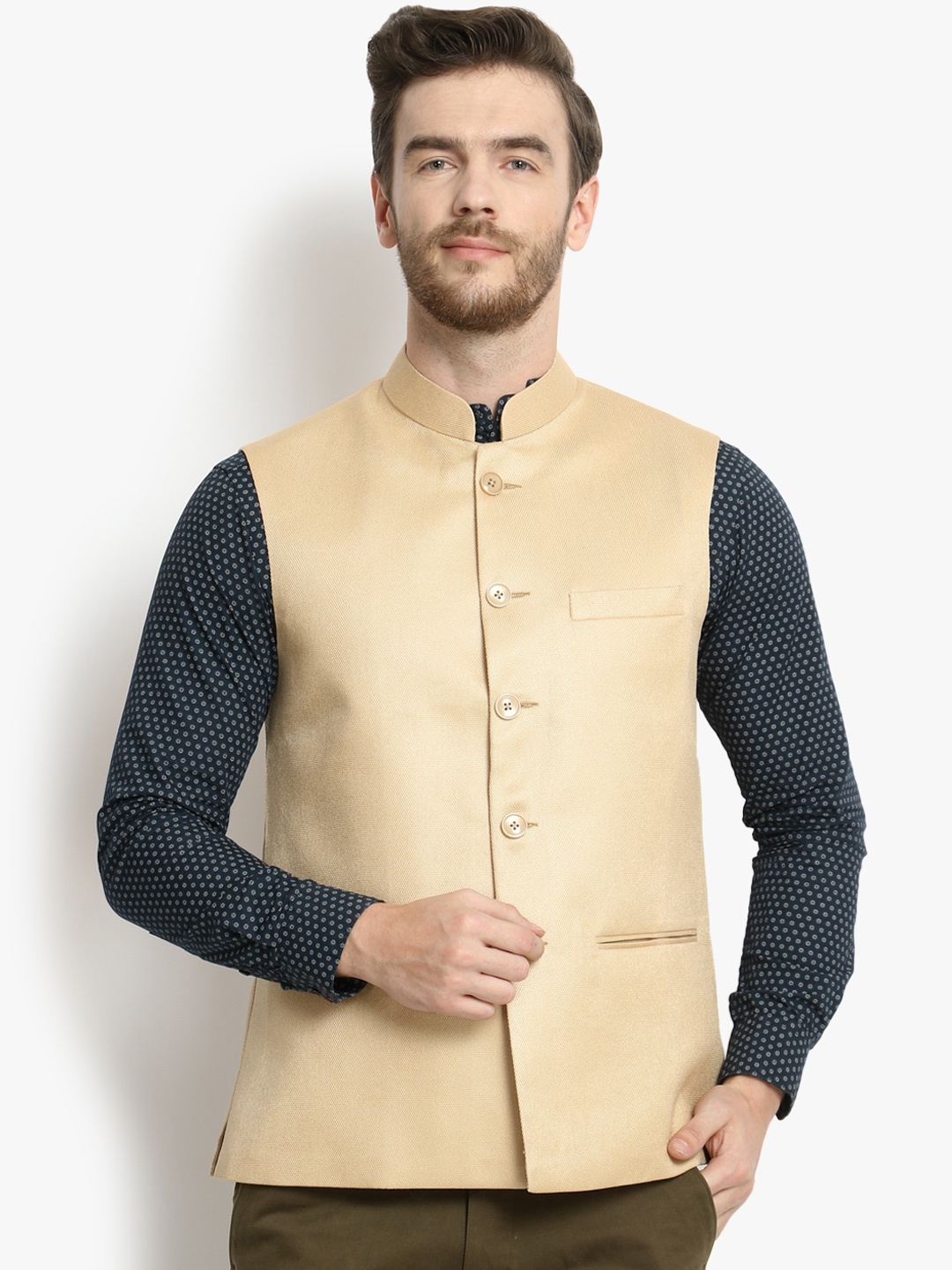 

Vastraa Fusion Men Beige Solid Woven Nehru Jacket