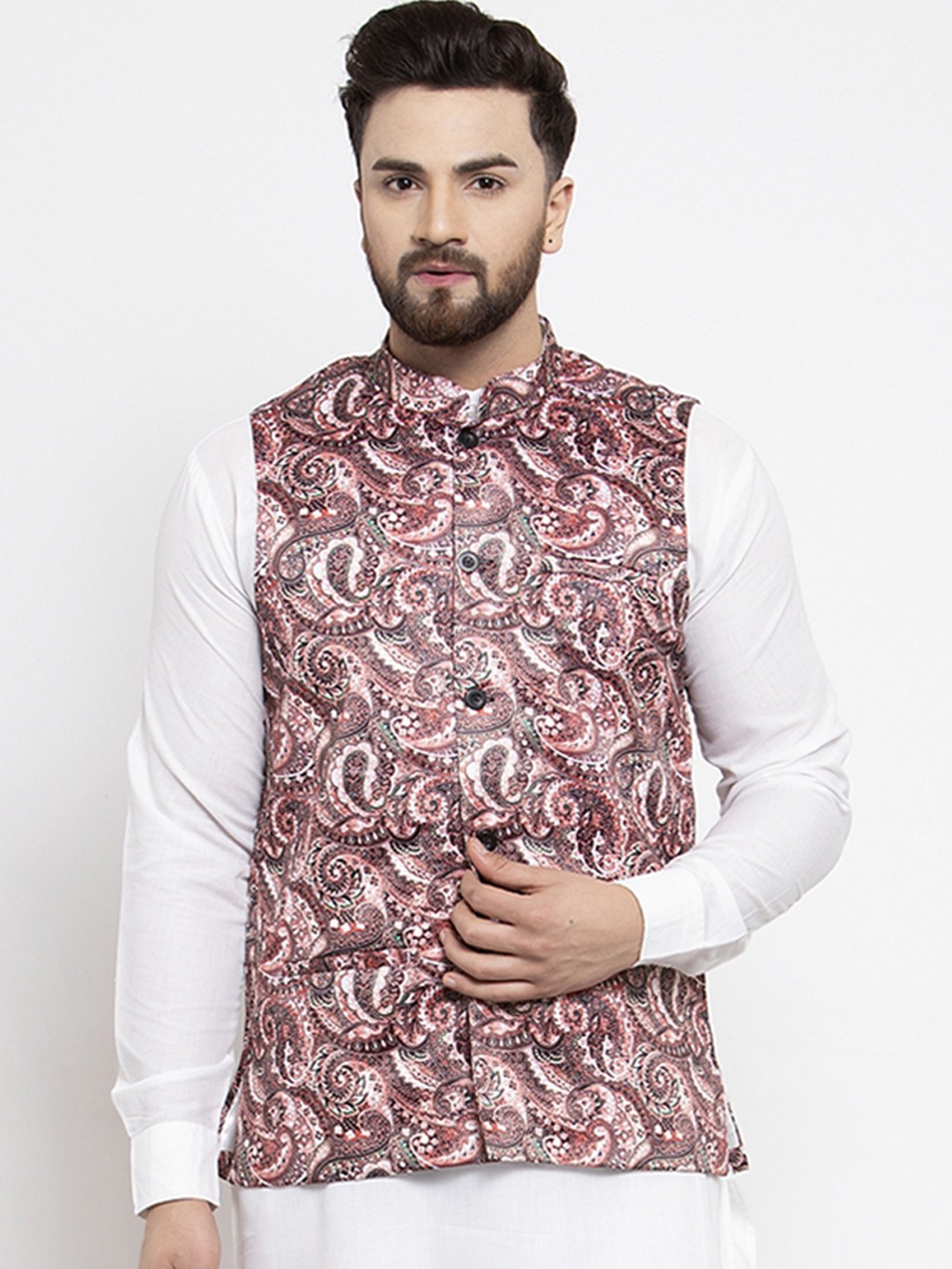 

Jompers Mens Pink Ethnic Printed Waistcoat