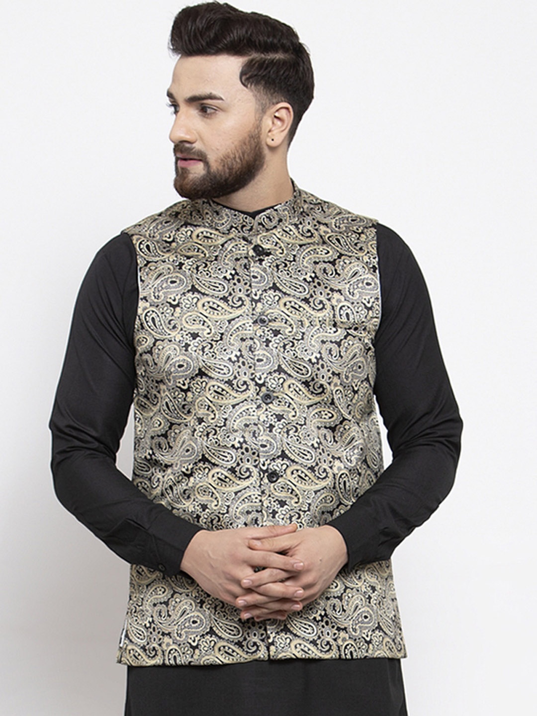 

Jompers Men Black & Gold Printed Satin Nehru Jacket