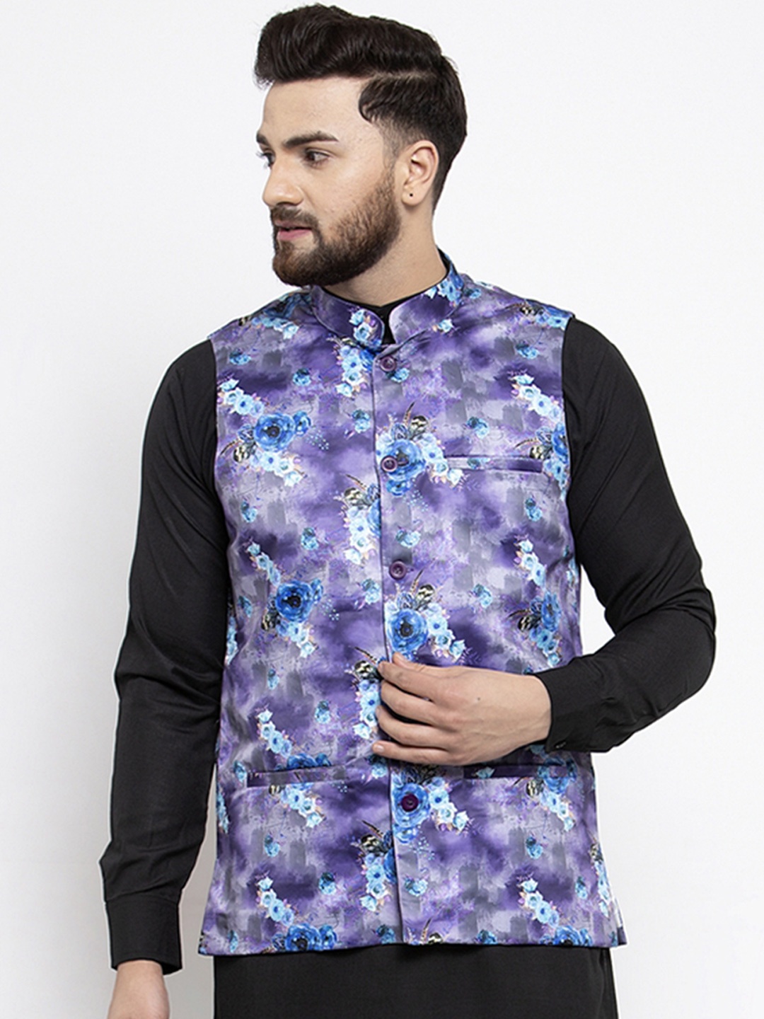 

Jompers Men Purple & Blue Floral Printed Nehru Jacket