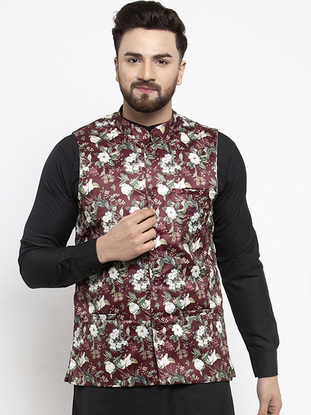 

Jompers Men Maroon Floral Printed Nehru Jacket