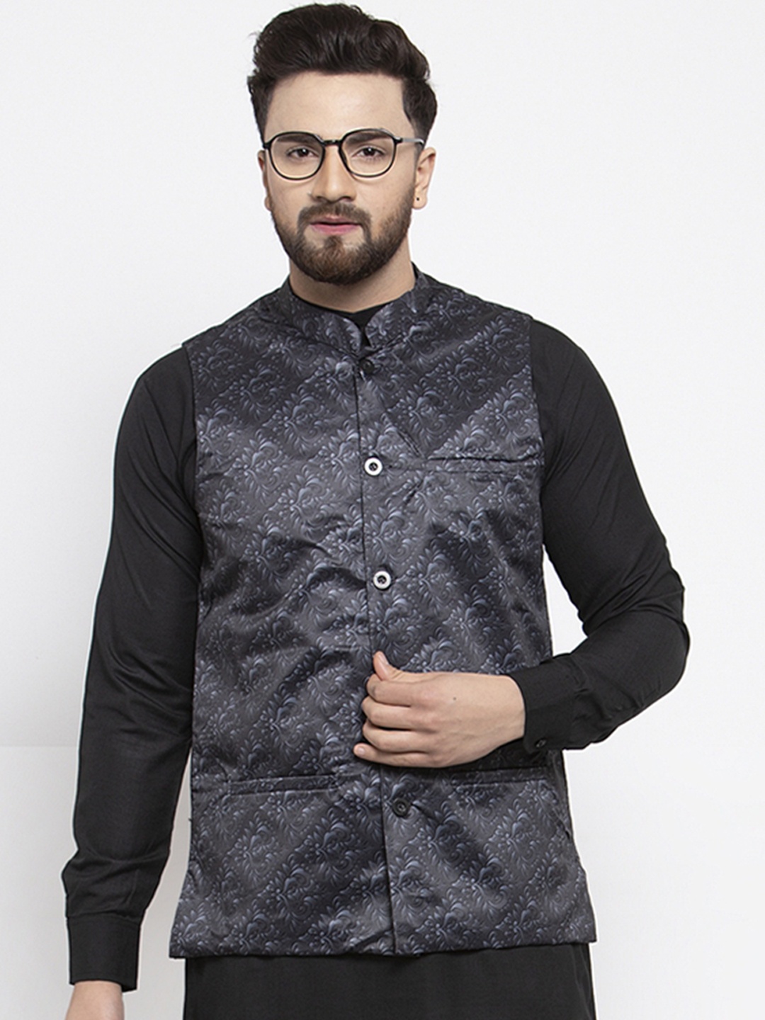 

Jompers Men Charcoal Grey Printed Pure Cotton Nehru Jacket