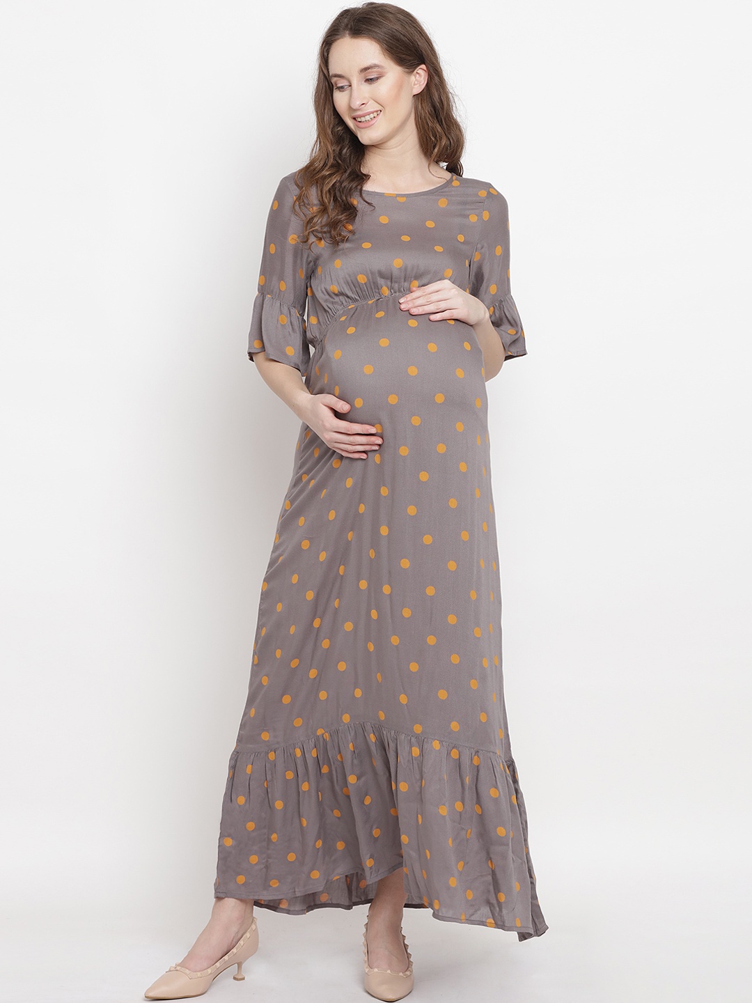 

Mine4Nine Women Grey Printed Maternity Maxi Dress