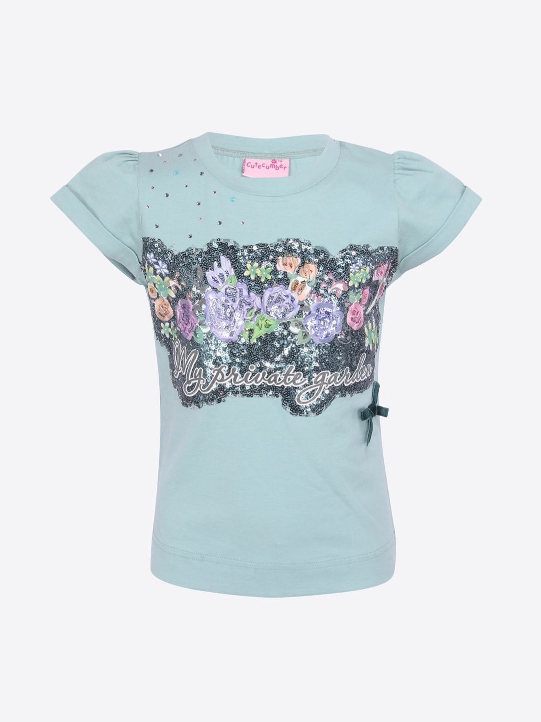 

CUTECUMBER Girls Sea Green Sequin Embellished T-Shirt