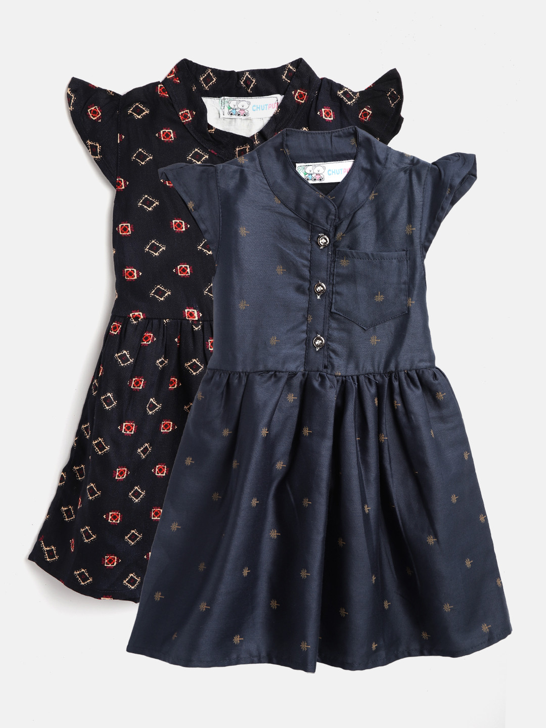 

CHUTPUT Girls Pack of 2 Printed A-Line Dresses, Navy blue